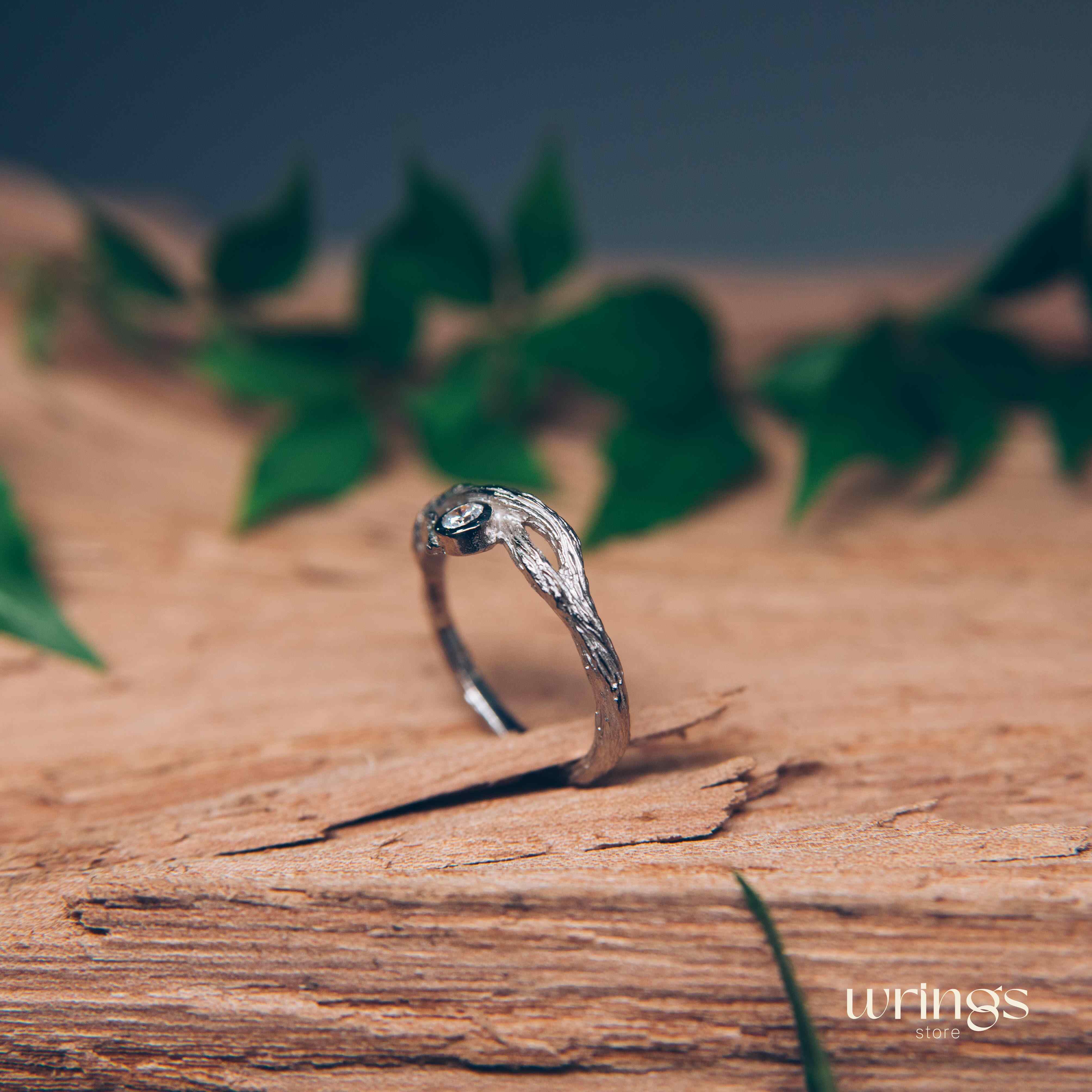 Twig & CZ Simulated Diamond Silver Fairy Engagement Ring