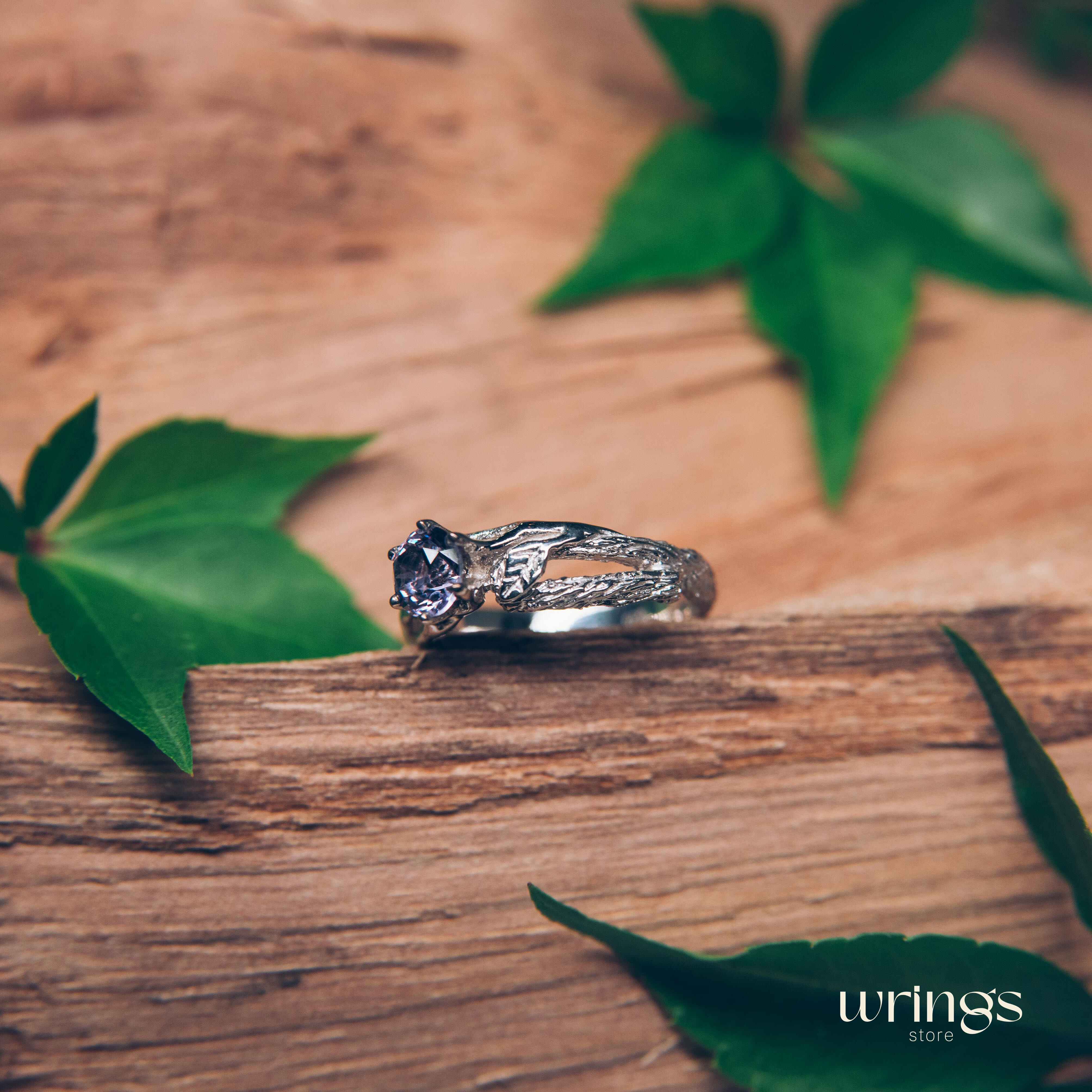 Purple Alexandrite on Silver Twig & Leaf Engagement Ring