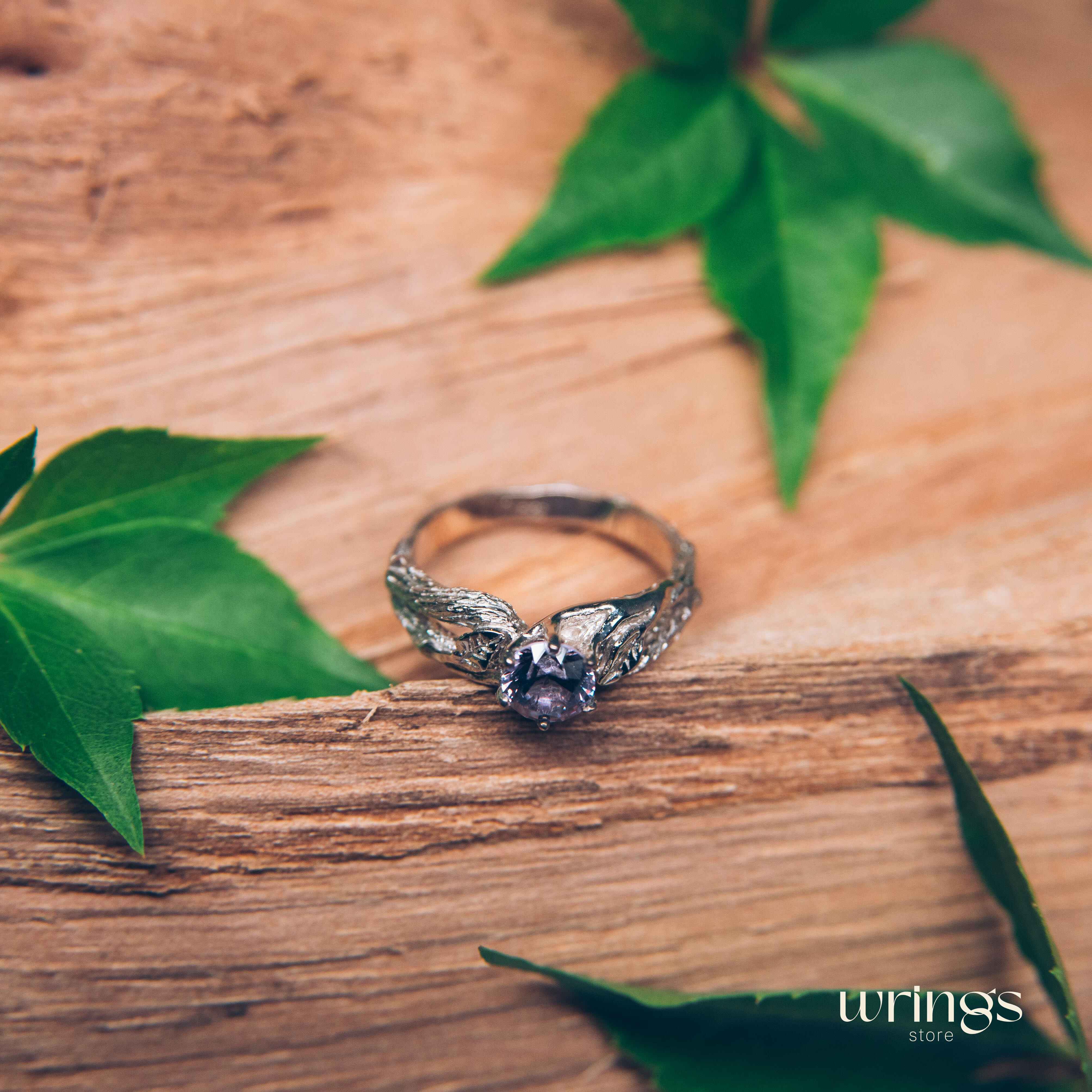 Purple Alexandrite on Silver Twig & Leaf Engagement Ring