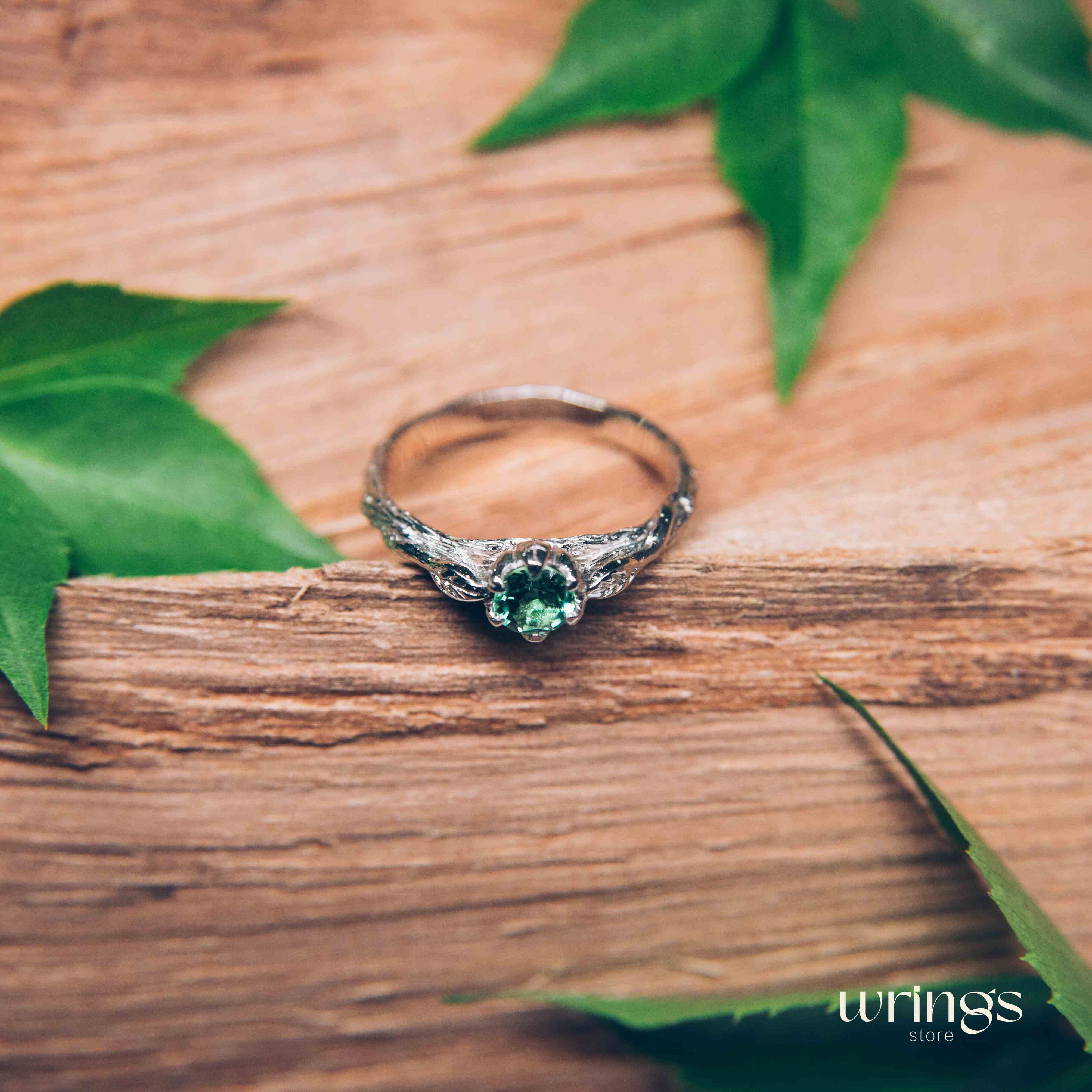 Bright Green Quartz Silver Twig Ring with Side Leaves