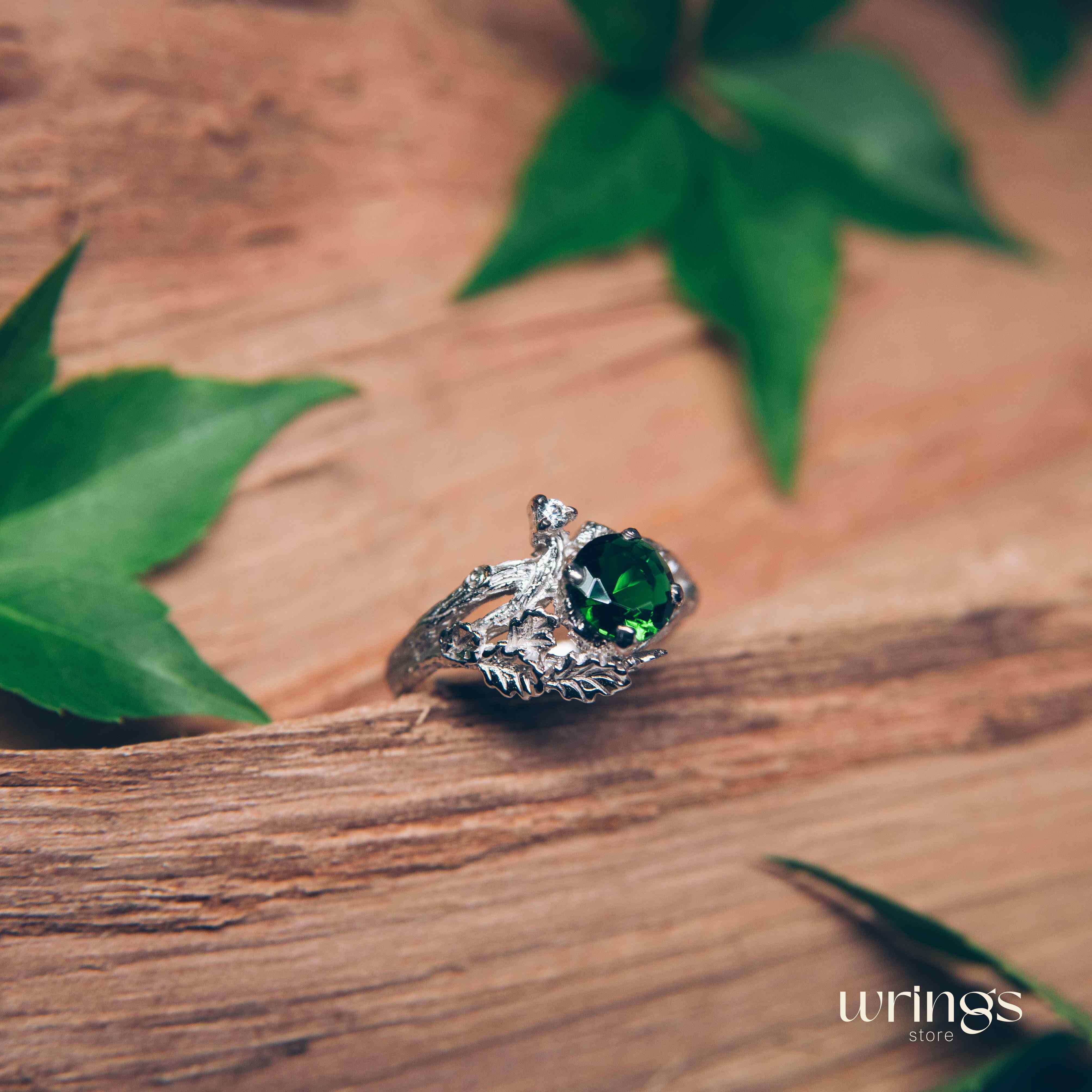 Statement Silver Emerald & Shiny Twig and Oak Leaf Ring