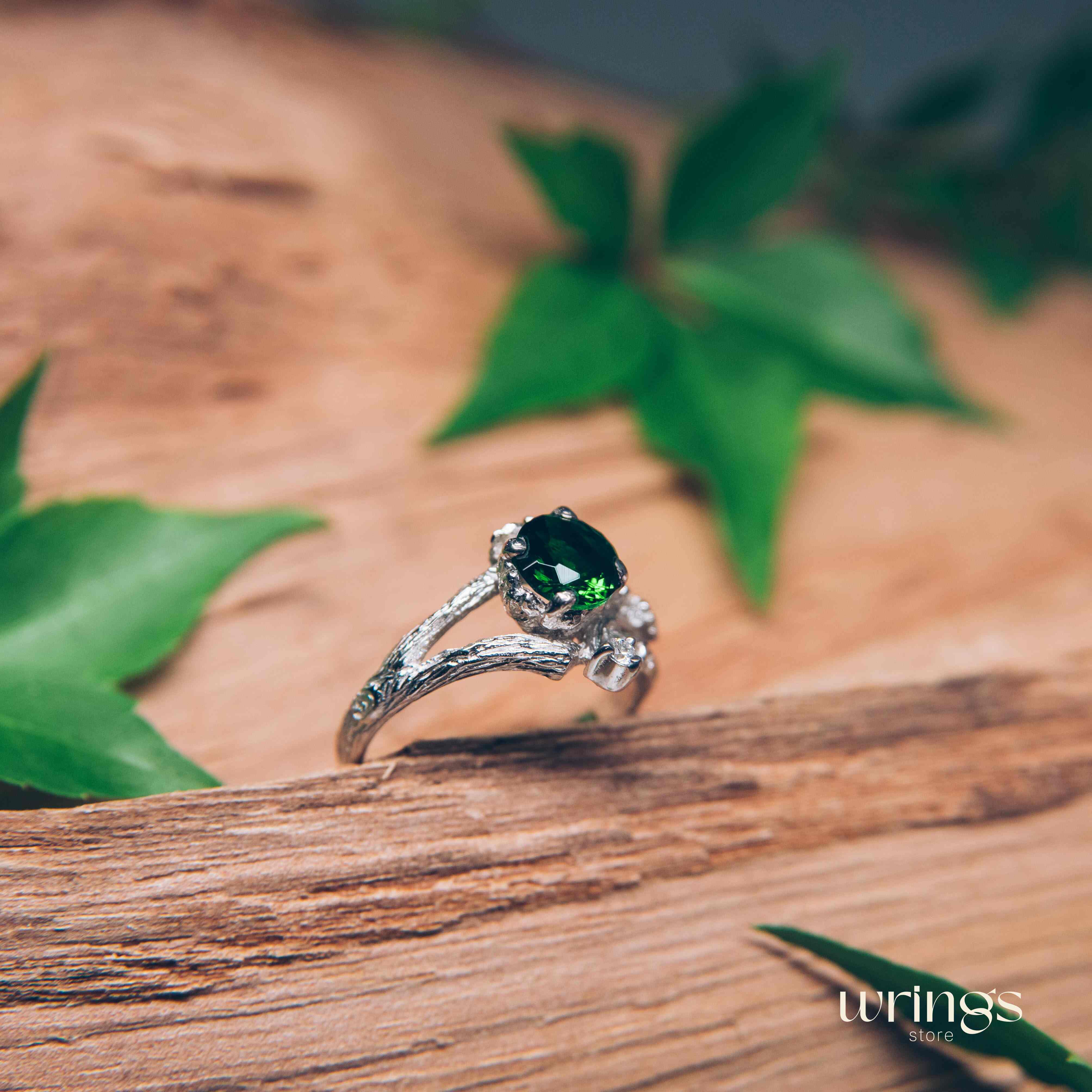 Statement Silver Emerald & Shiny Twig and Oak Leaf Ring