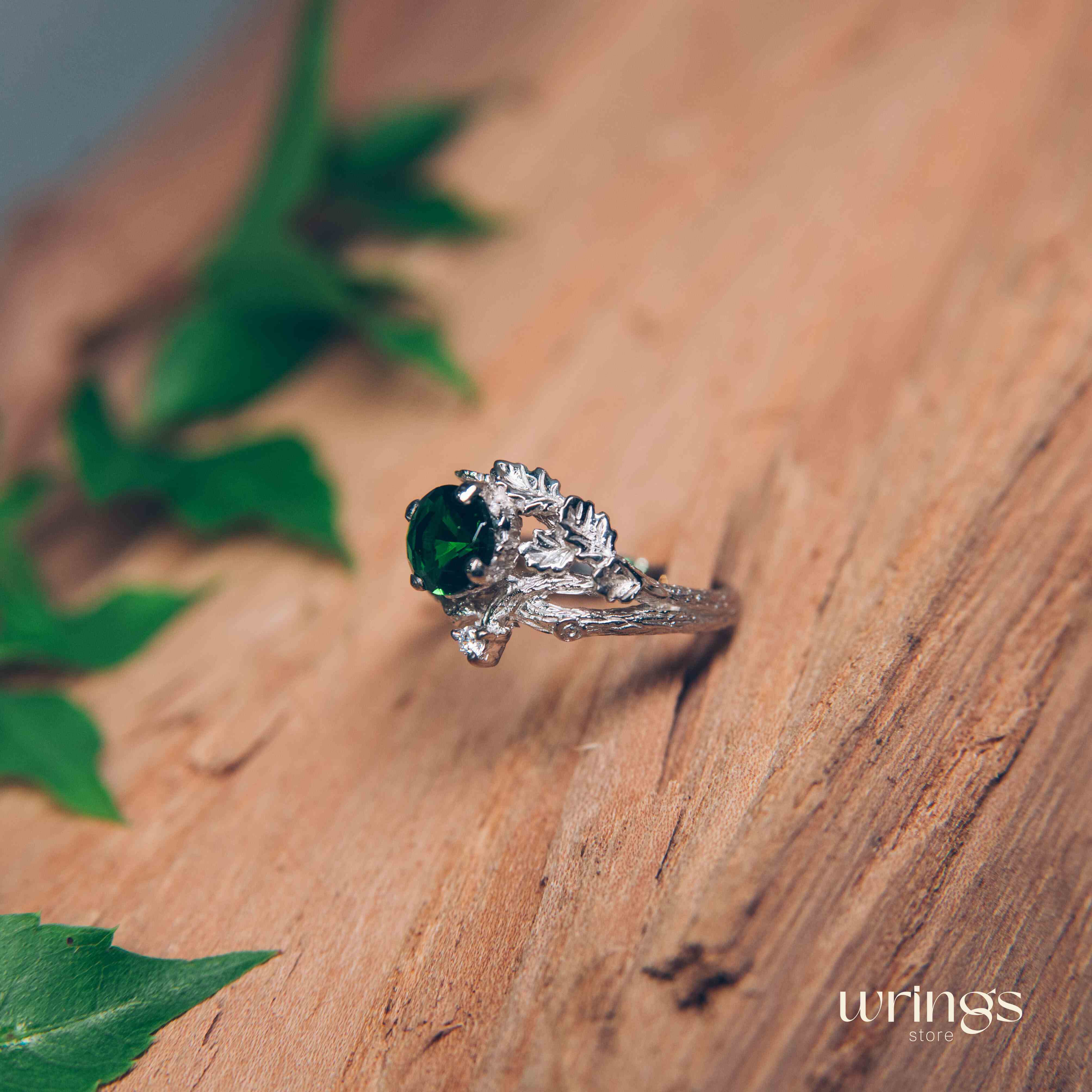 Statement Silver Emerald & Shiny Twig and Oak Leaf Ring