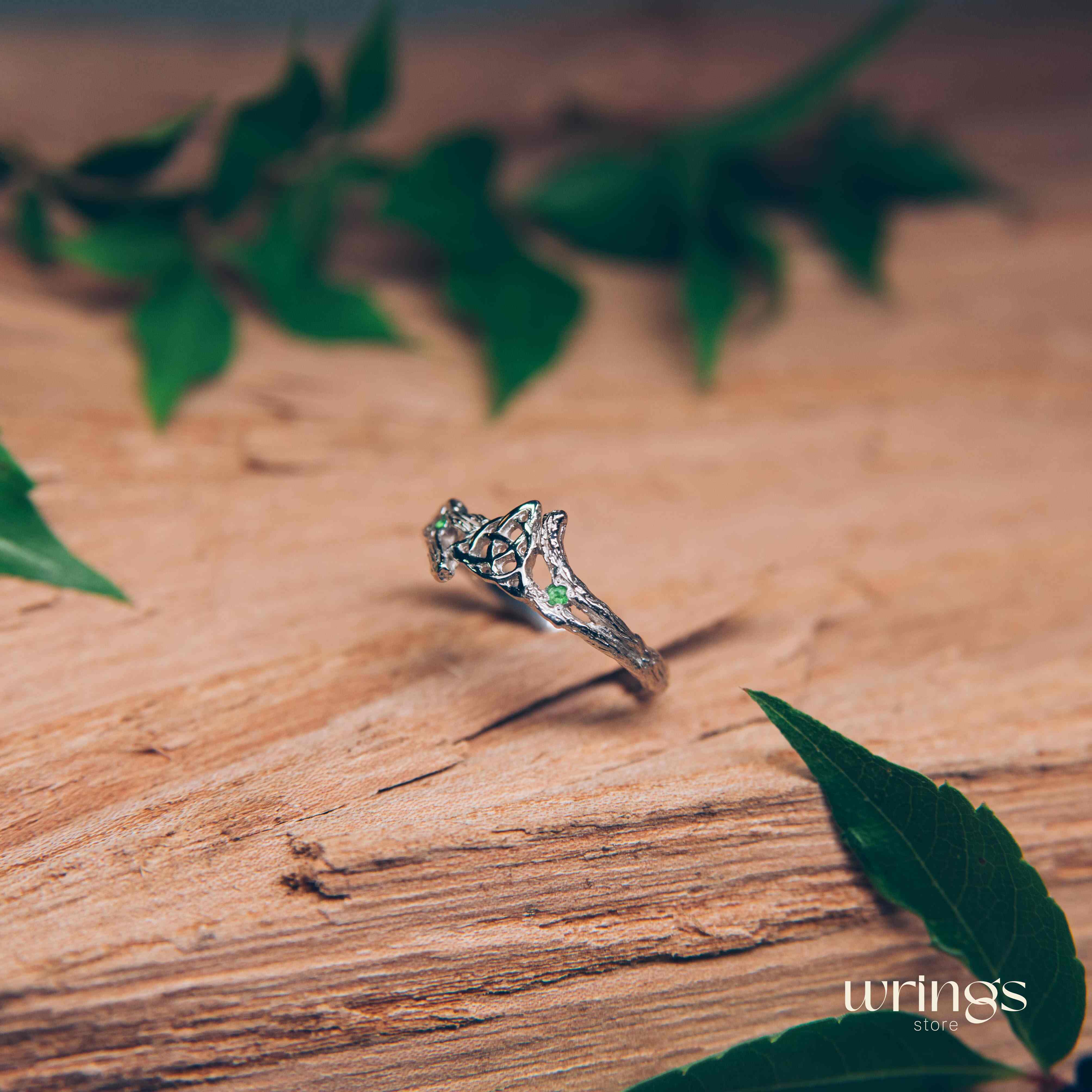 Triquetra & Silver Twig Celtic Engagement Ring with Emerald