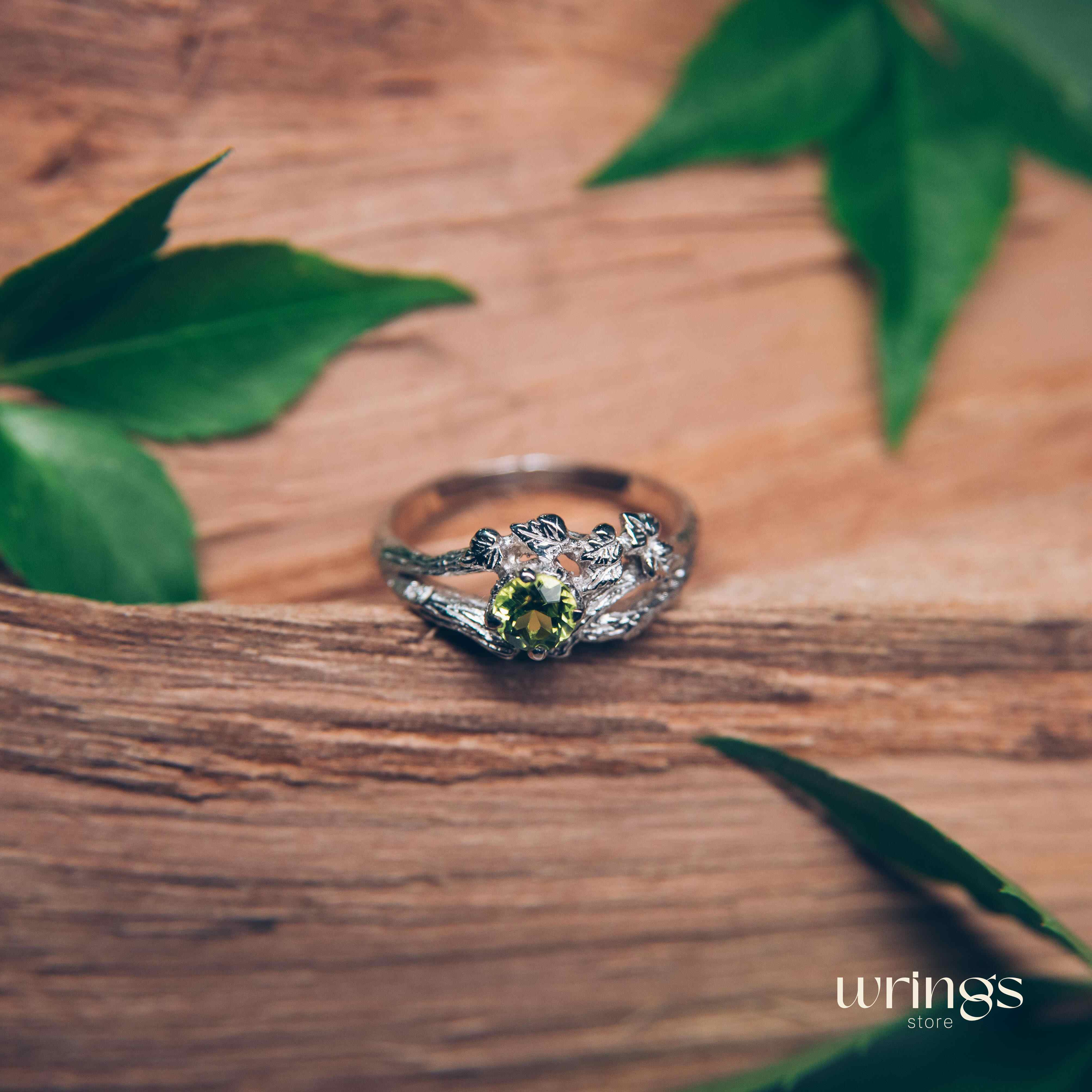 Peridot on Split Branch Leaf Silver Engagement Ring