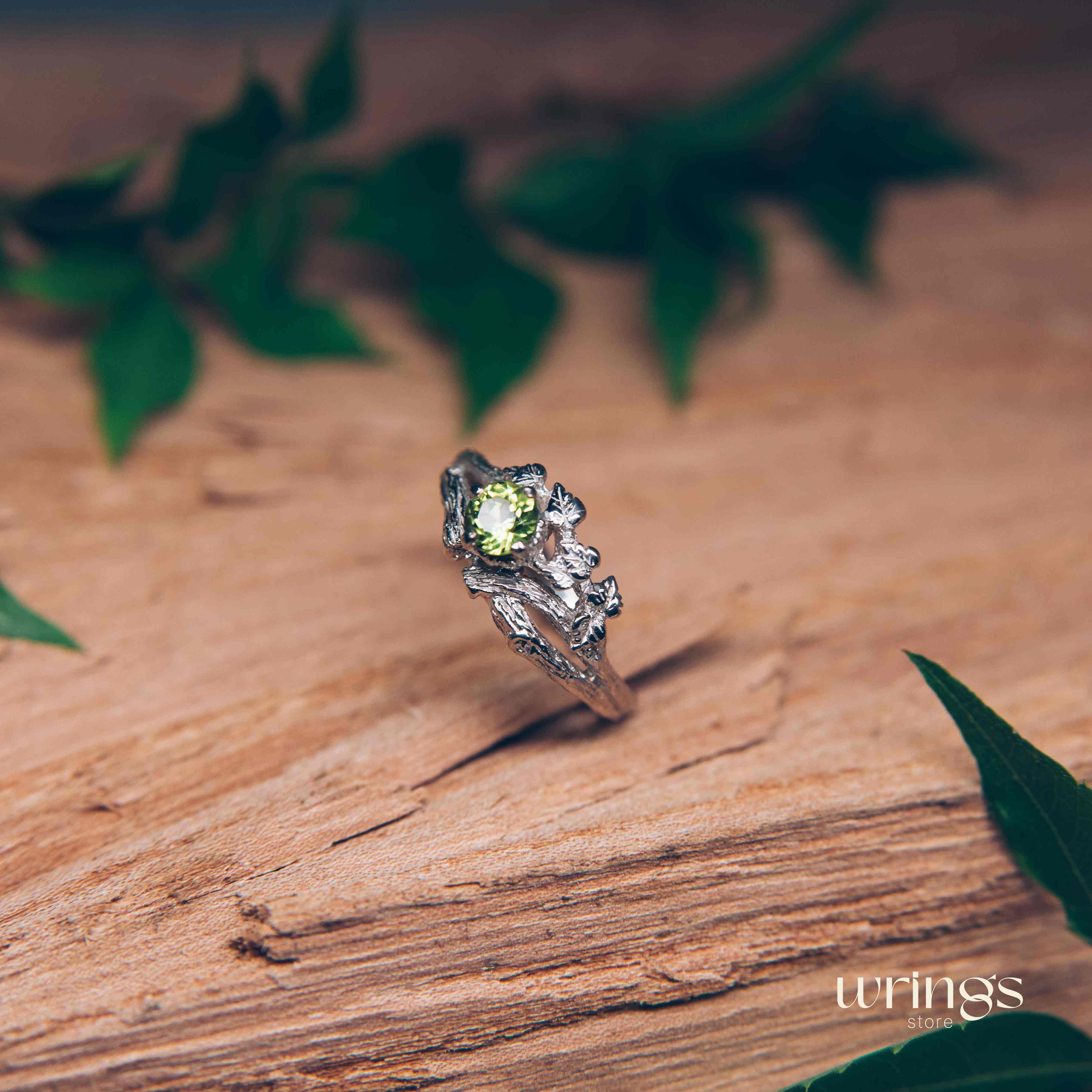 Peridot on Split Branch Leaf Silver Engagement Ring