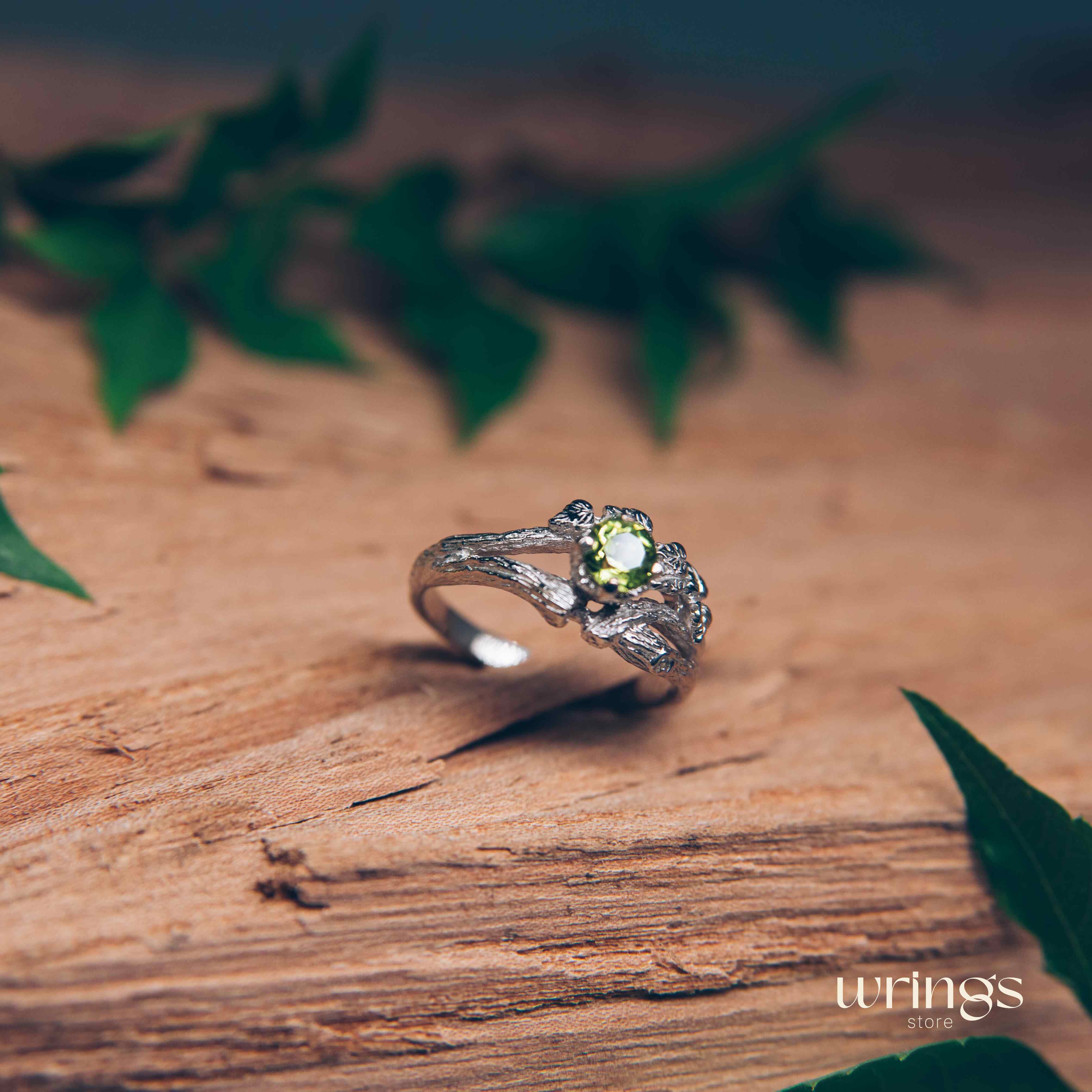 Peridot on Split Branch Leaf Silver Engagement Ring