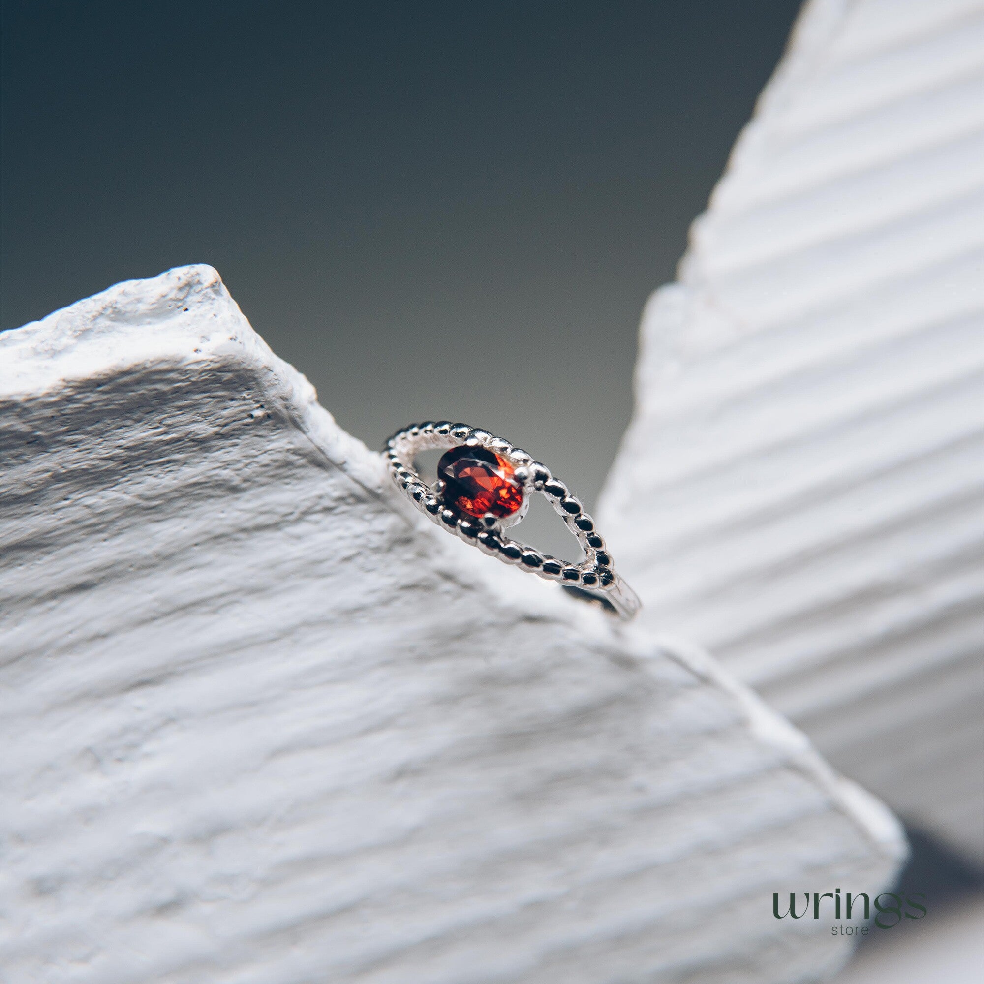 Garnet Gem Silver Beaded Evil Eye Engagement Ring