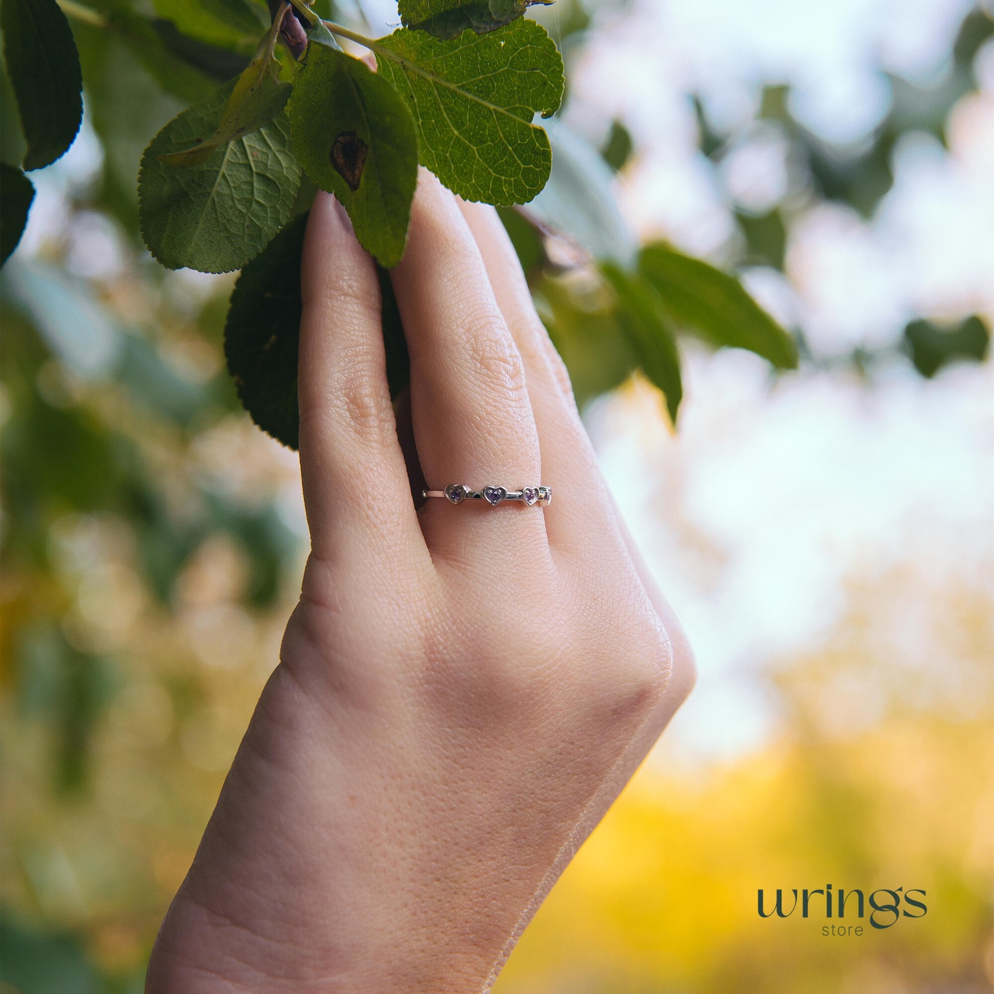 Delicate Amethysts in Multi Hearts Silver Promise Ring