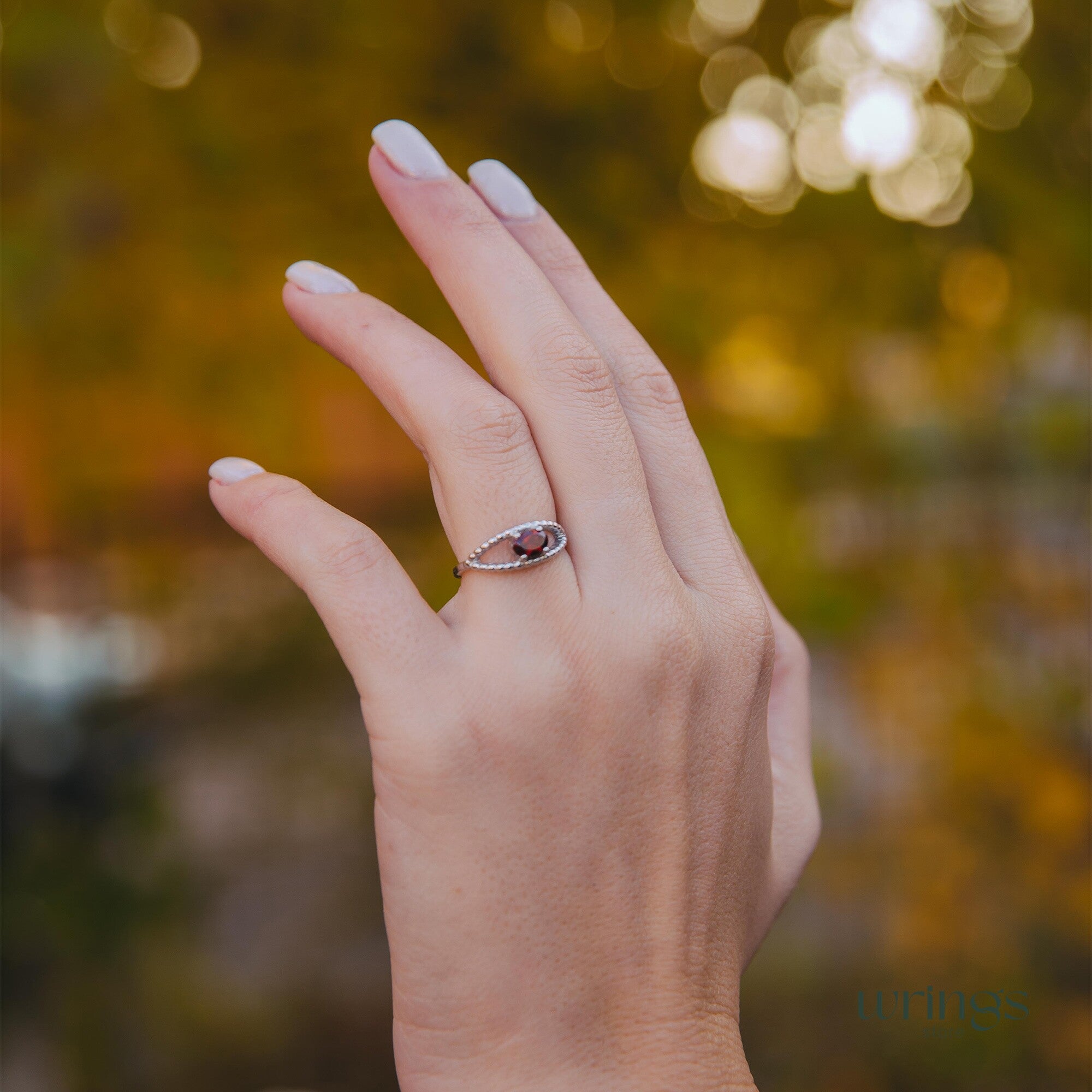 Garnet Gem Silver Beaded Evil Eye Engagement Ring