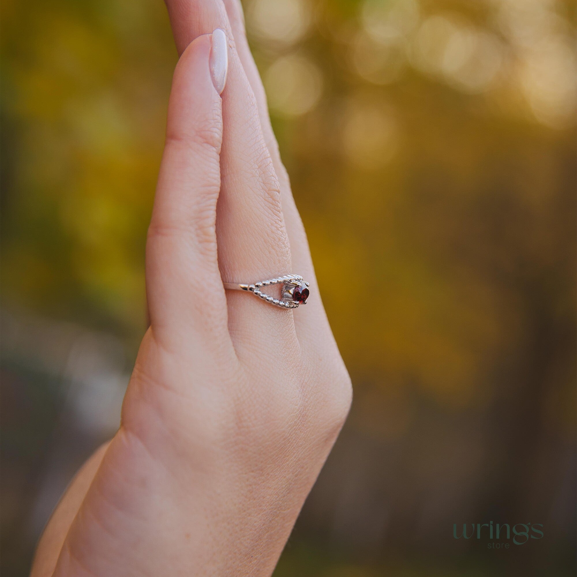 Garnet Gem Silver Beaded Evil Eye Engagement Ring