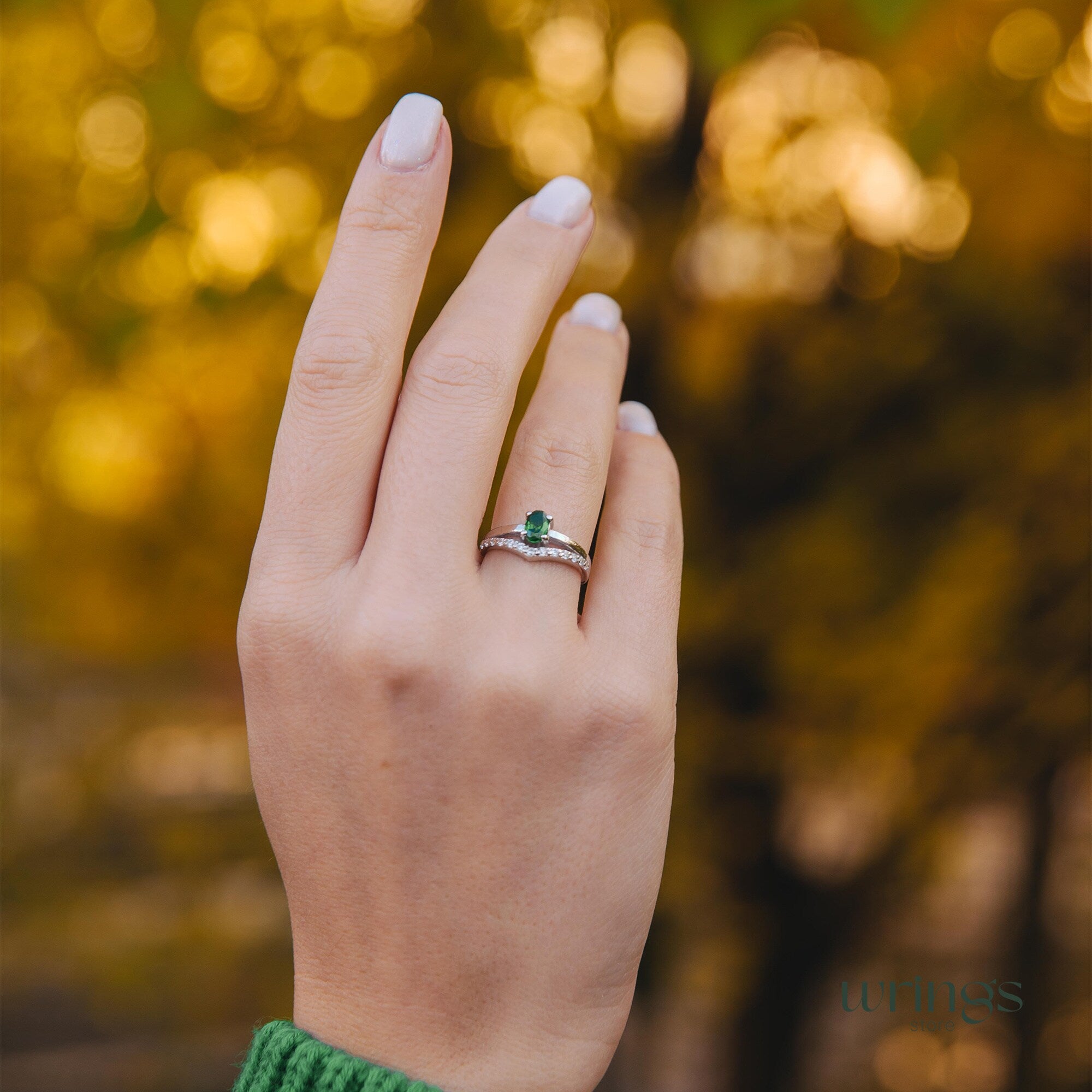 Vertical Oval Emerald V Engagement Ring Silver with CZ