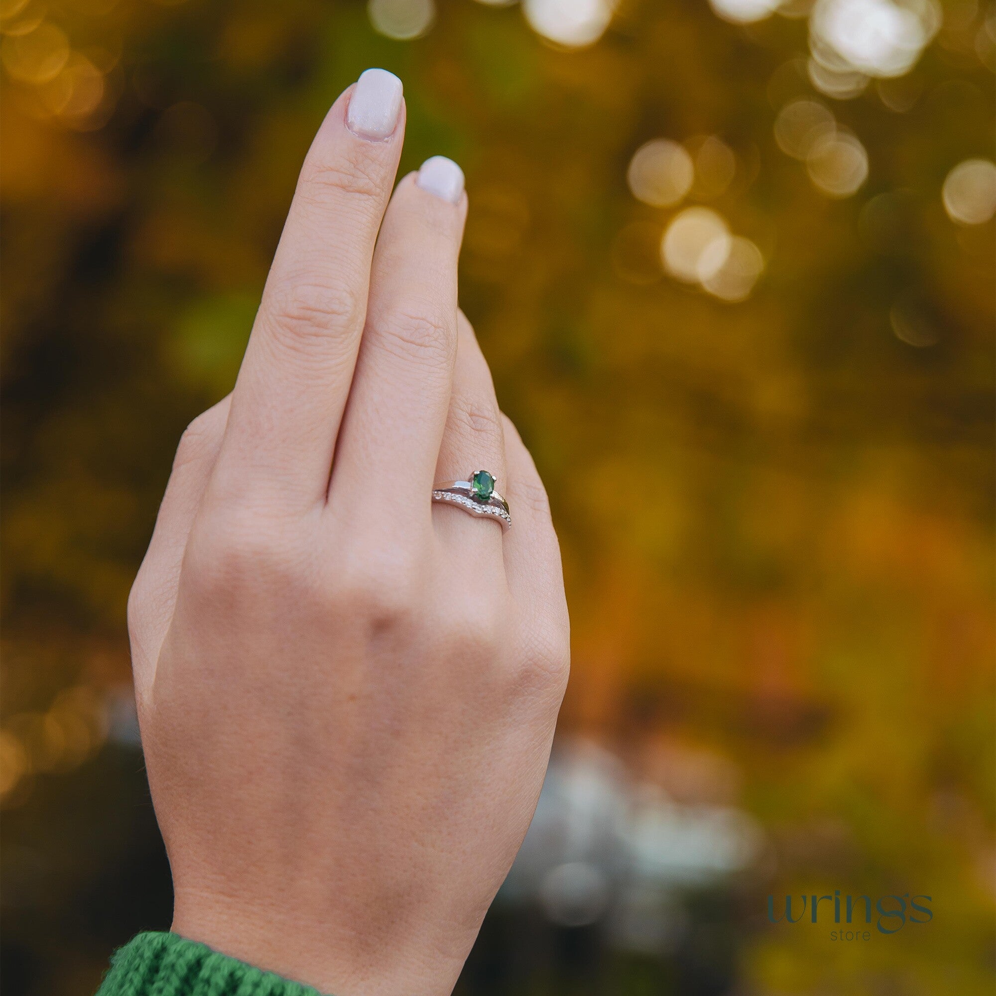 Vertical Oval Emerald V Engagement Ring Silver with CZ