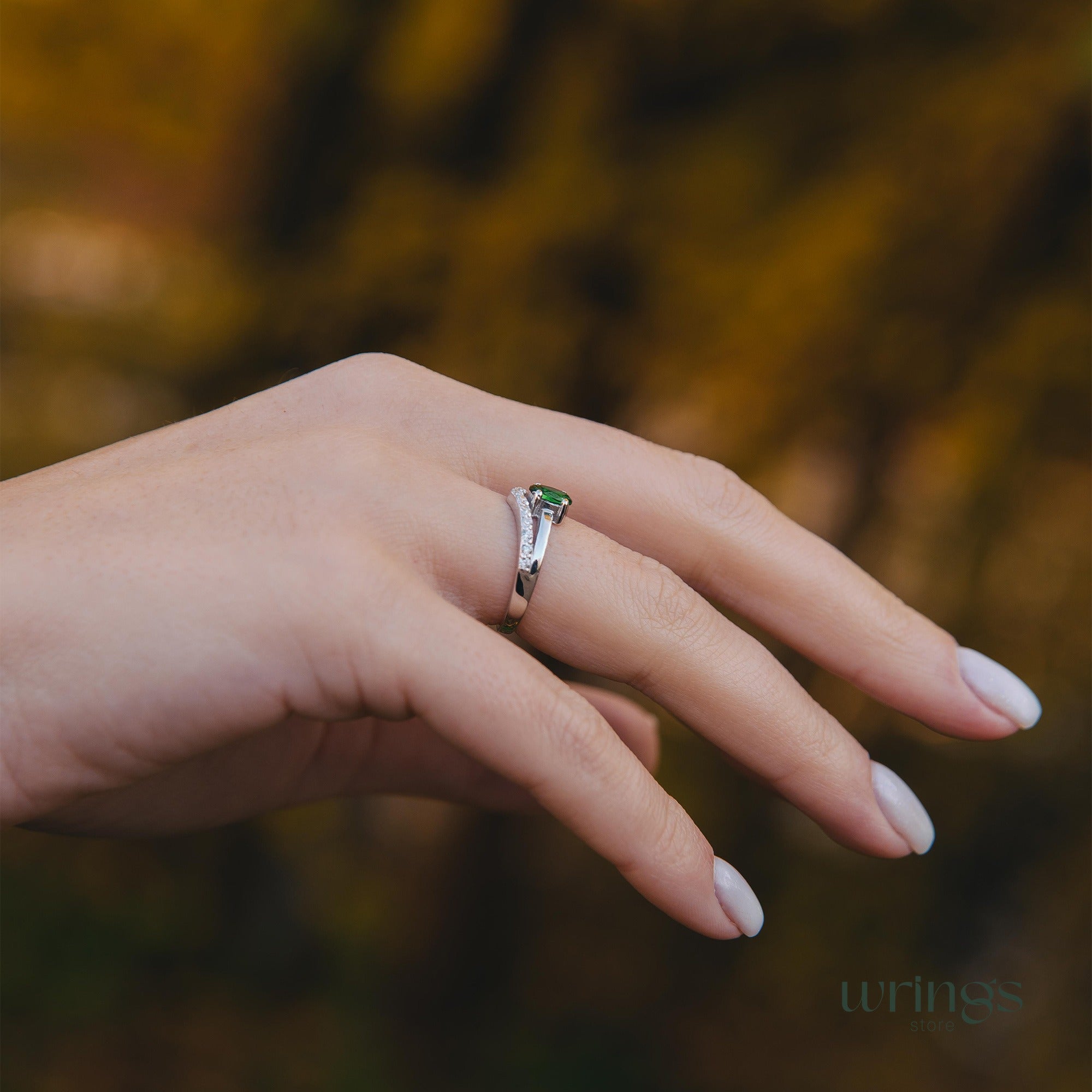 Vertical Oval Emerald V Engagement Ring Silver with CZ