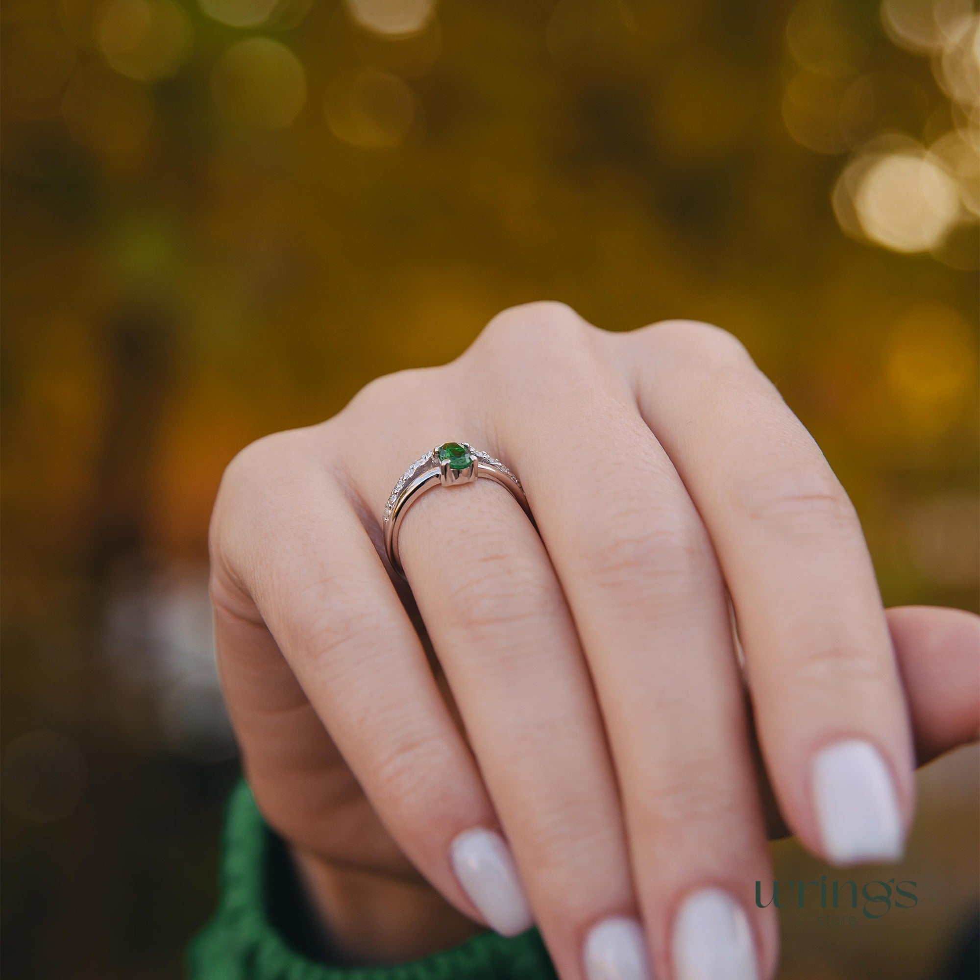 Vertical Oval Emerald V Engagement Ring Silver with CZ