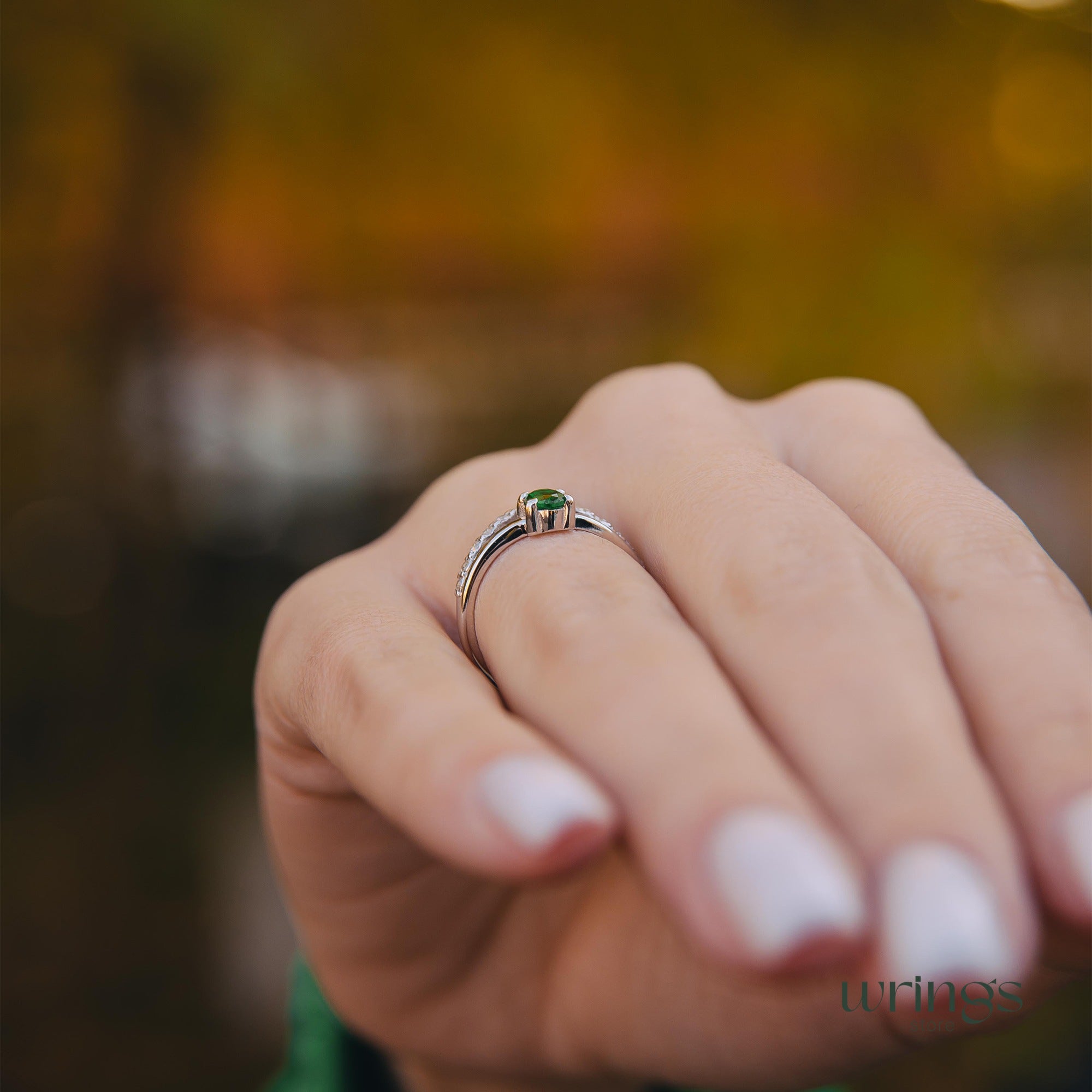 Vertical Oval Emerald V Engagement Ring Silver with CZ