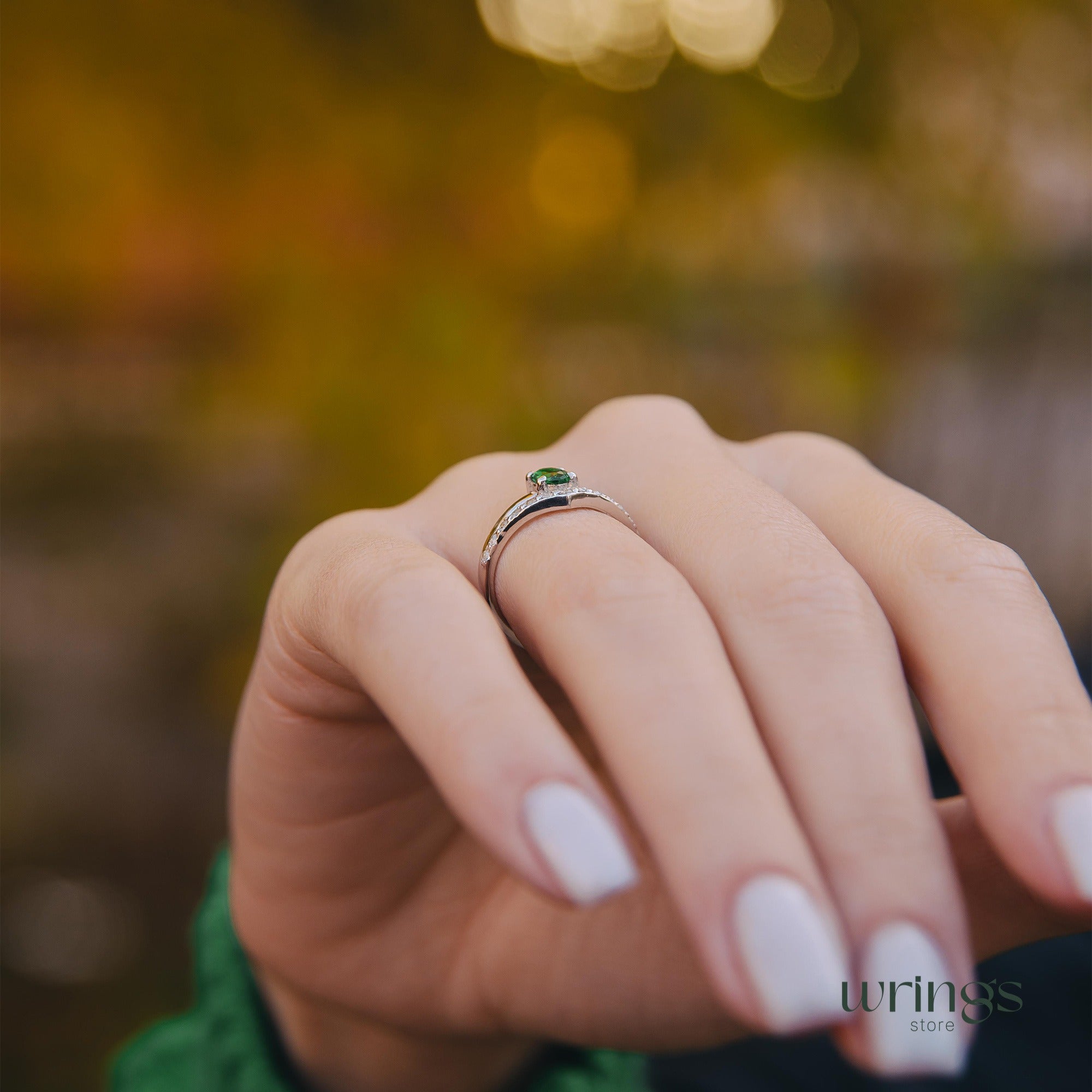 Vertical Oval Emerald V Engagement Ring Silver with CZ