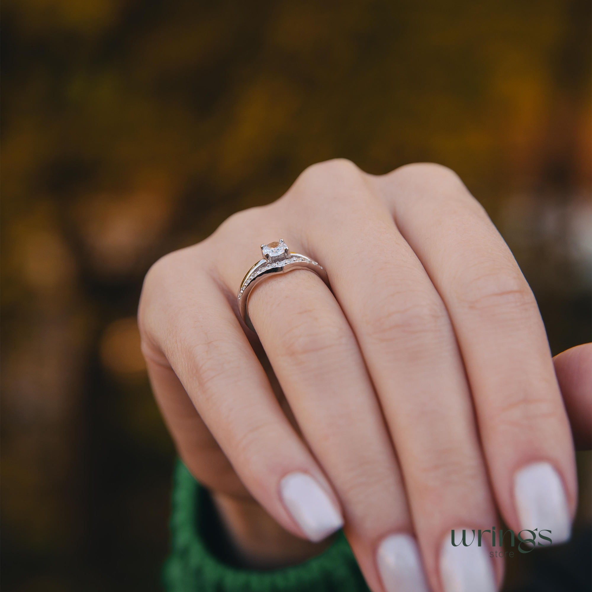 Chevron & CZ Simulated Diamond Silver Engagement Ring