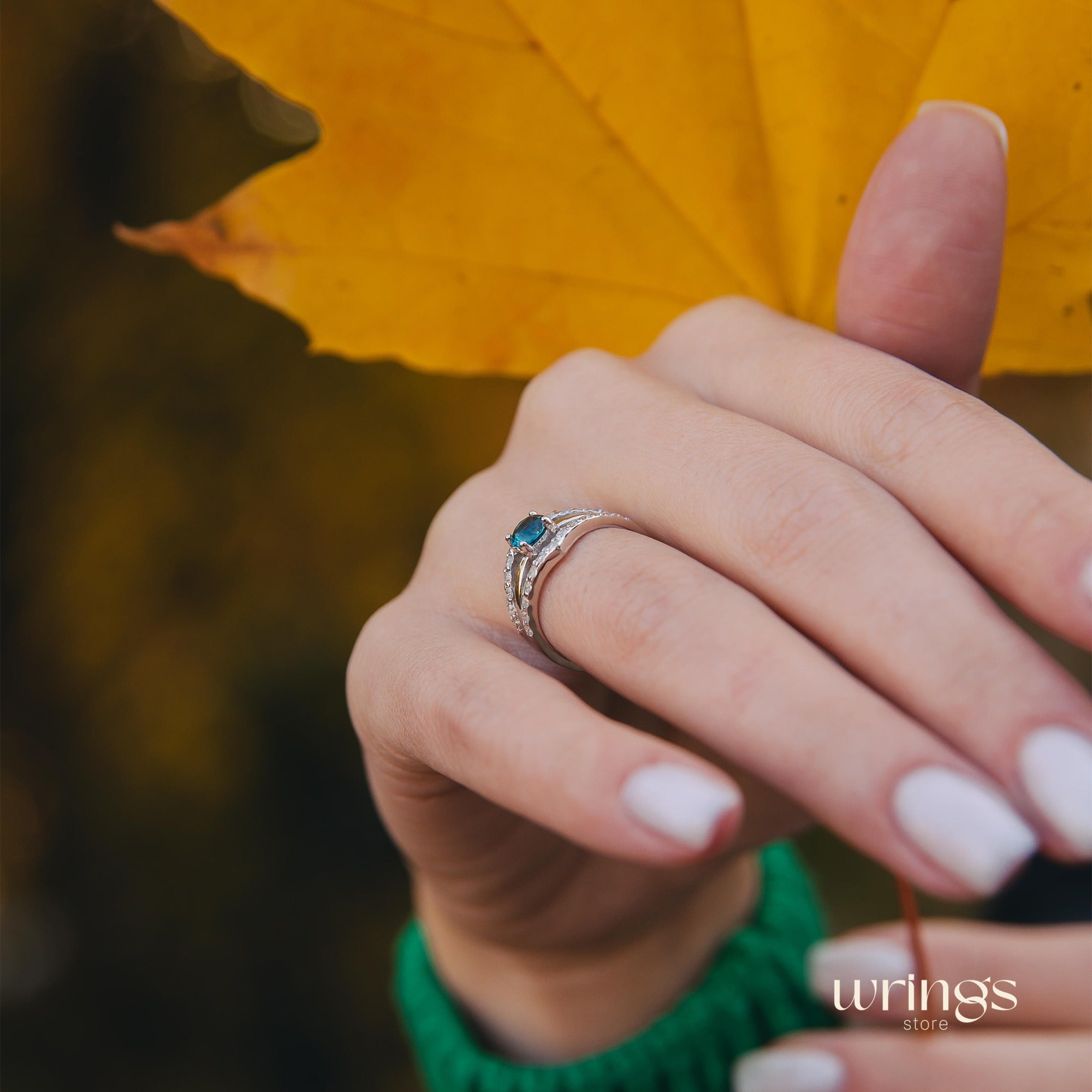 Double Chevron Engagement Ring - Oval Blue Topaz & CZ