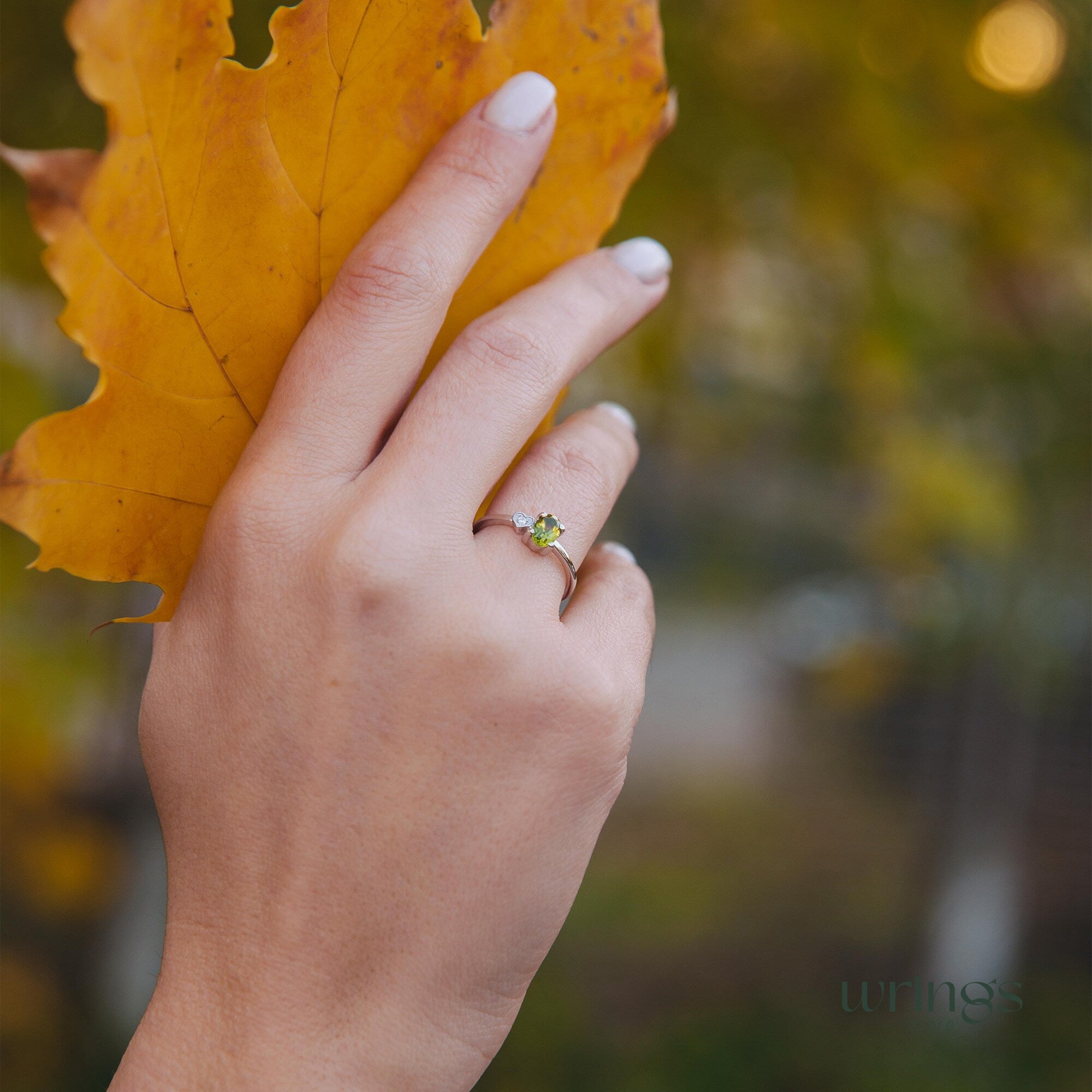 Peridot & CZ Heart Silver Engagement Ring