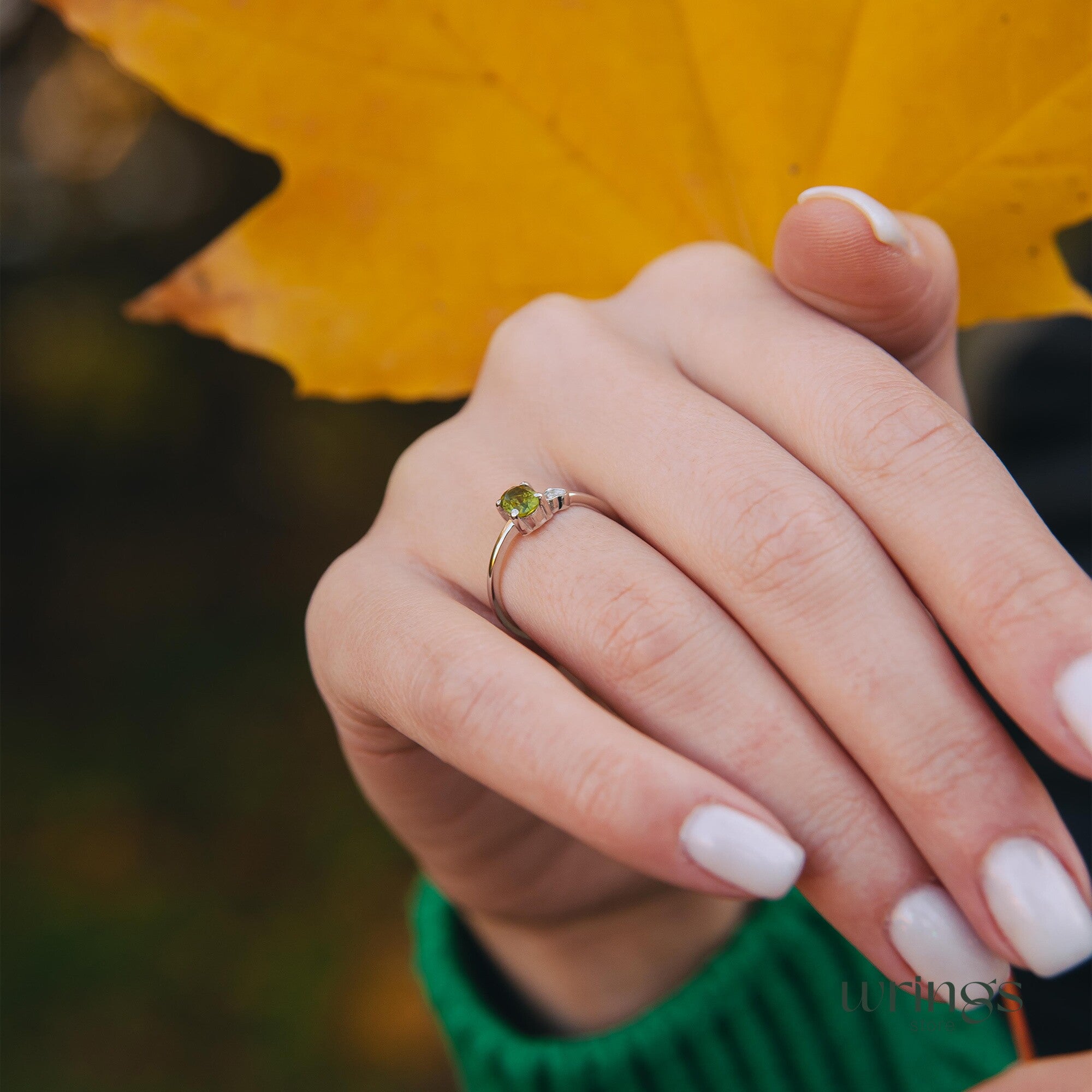 Peridot & CZ Heart Silver Engagement Ring