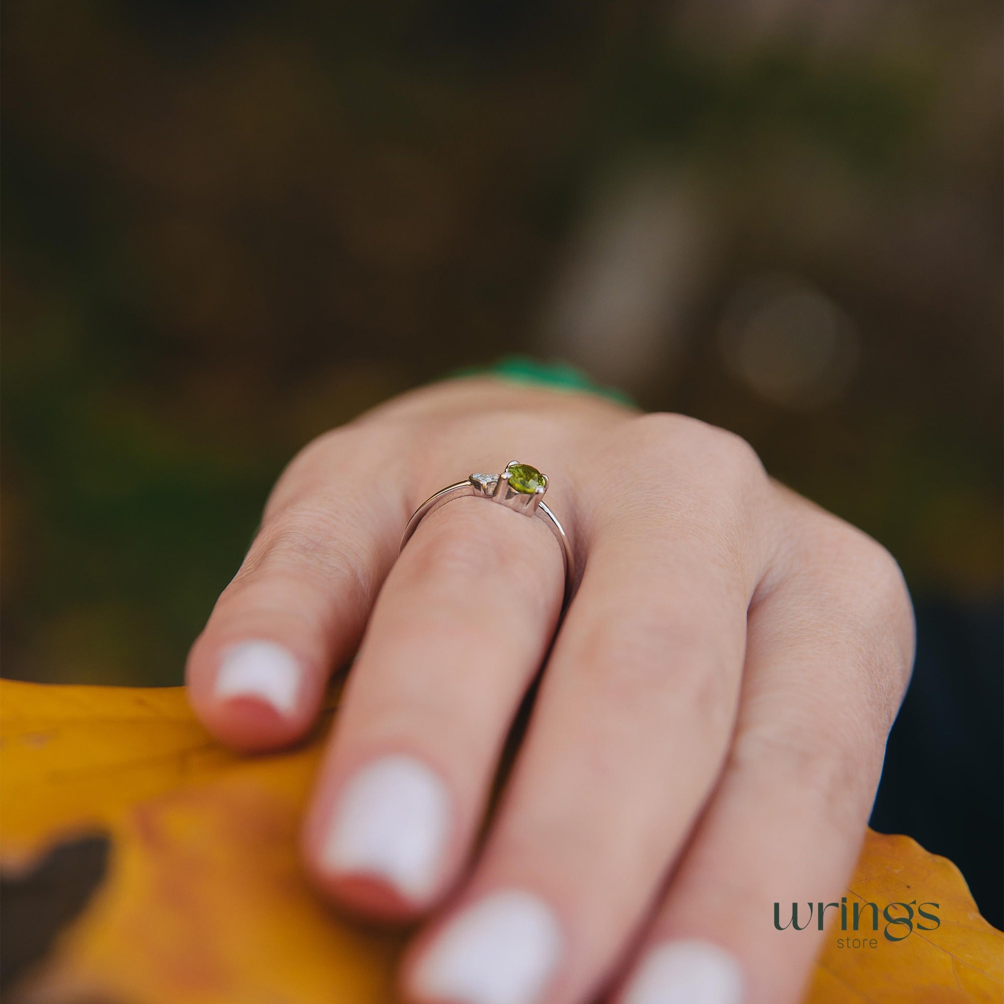 Peridot & CZ Heart Silver Engagement Ring