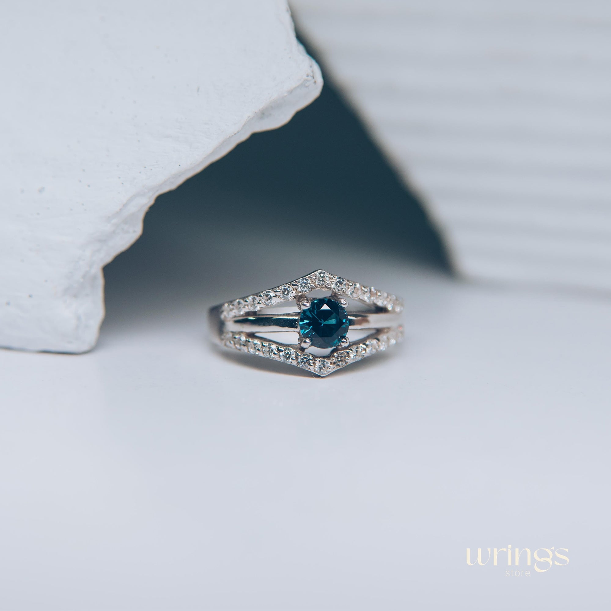 Double Chevron Engagement Ring - Oval Blue Topaz & CZ