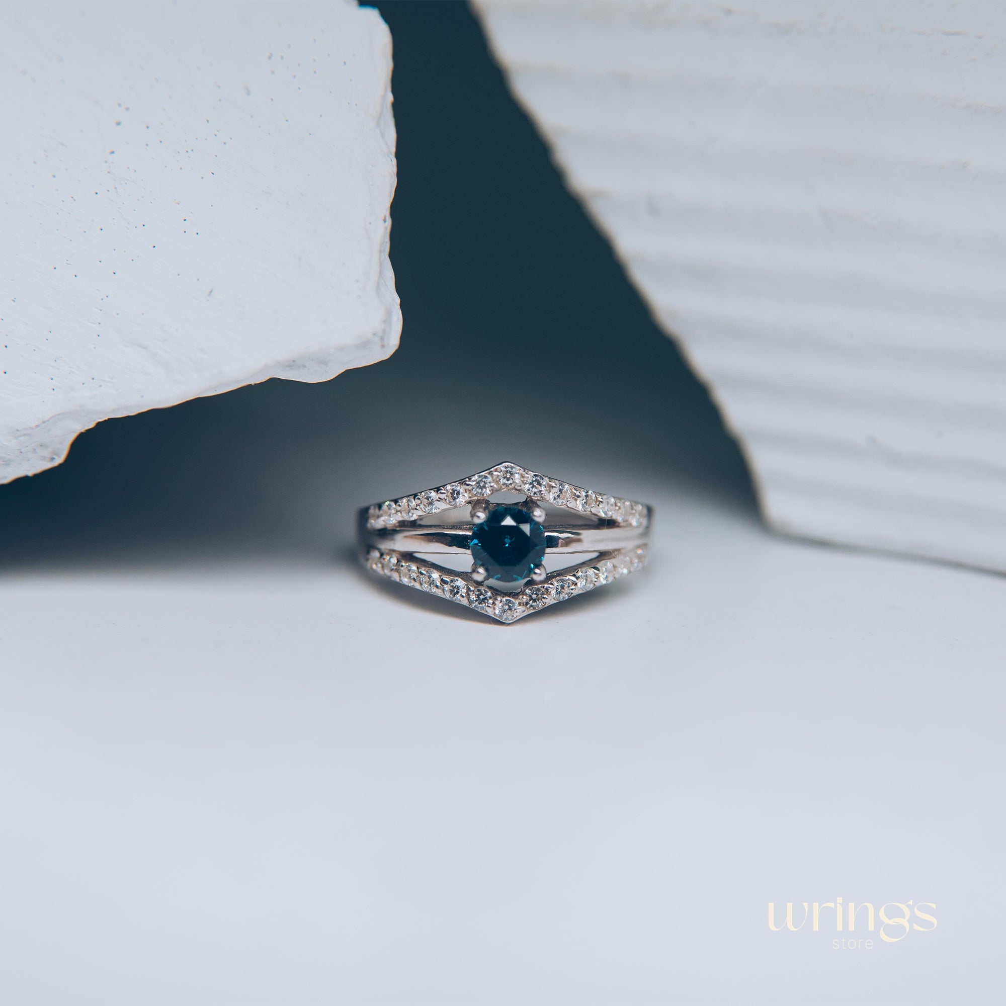 Double Chevron Engagement Ring - Oval Blue Topaz & CZ