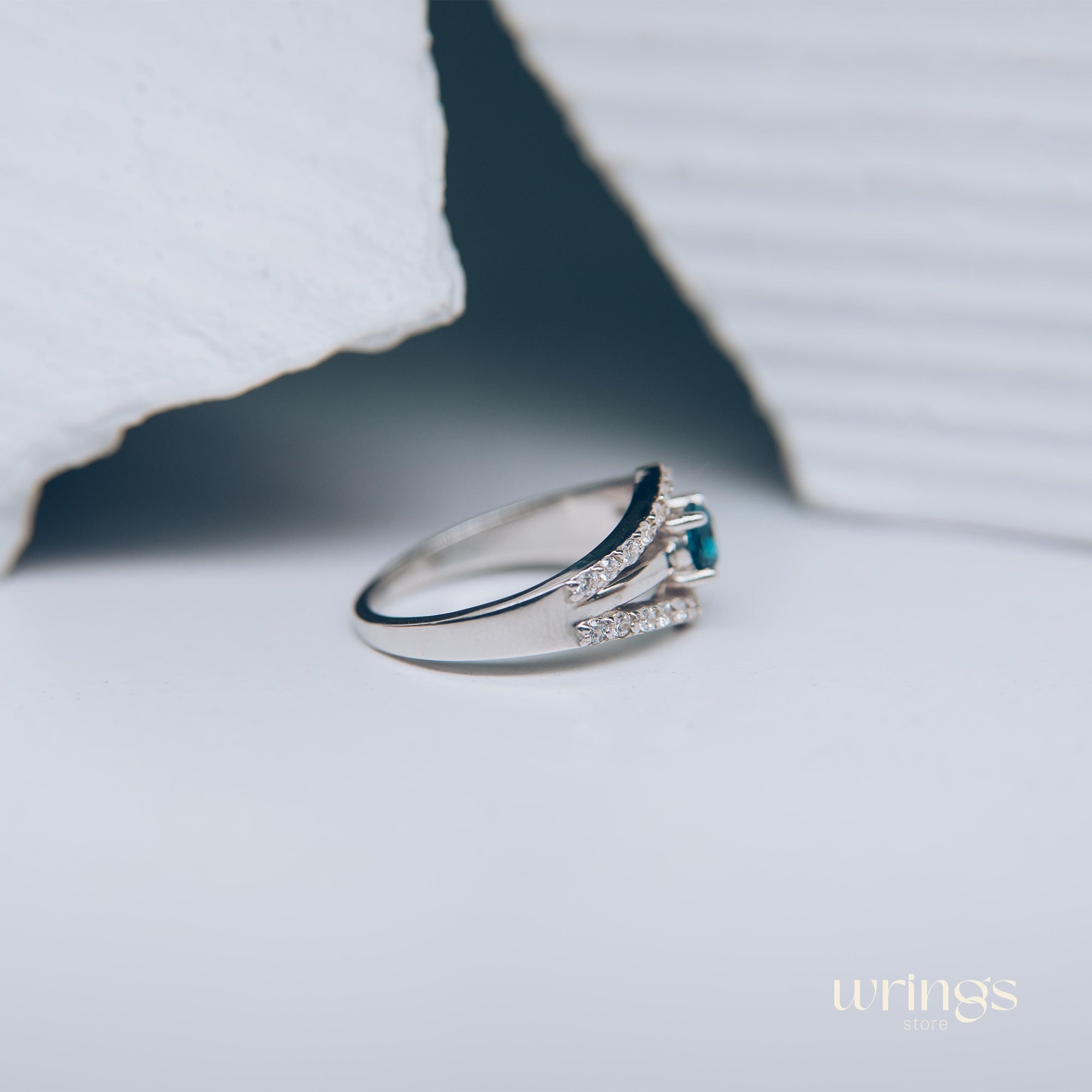 Double Chevron Engagement Ring - Oval Blue Topaz & CZ