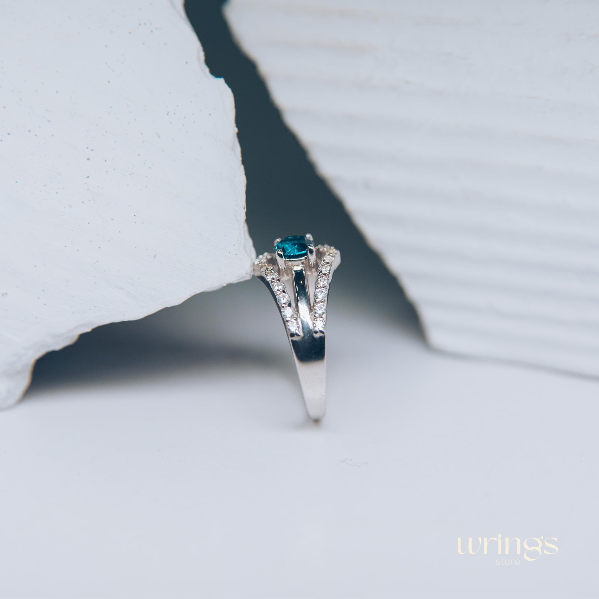 Double Chevron Engagement Ring - Oval Blue Topaz & CZ