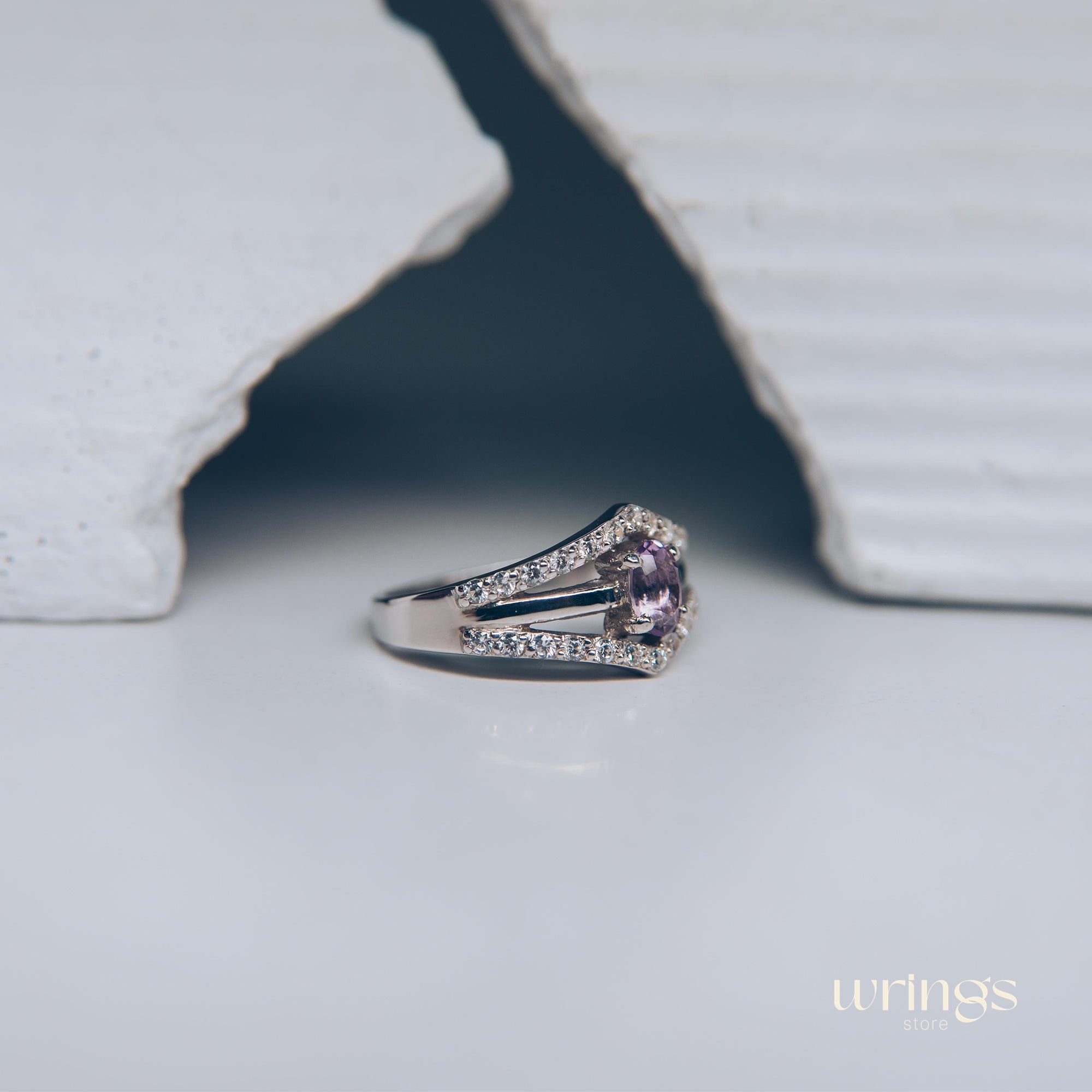 Vertical Oval Amethyst & CZ Double V Engagement Ring