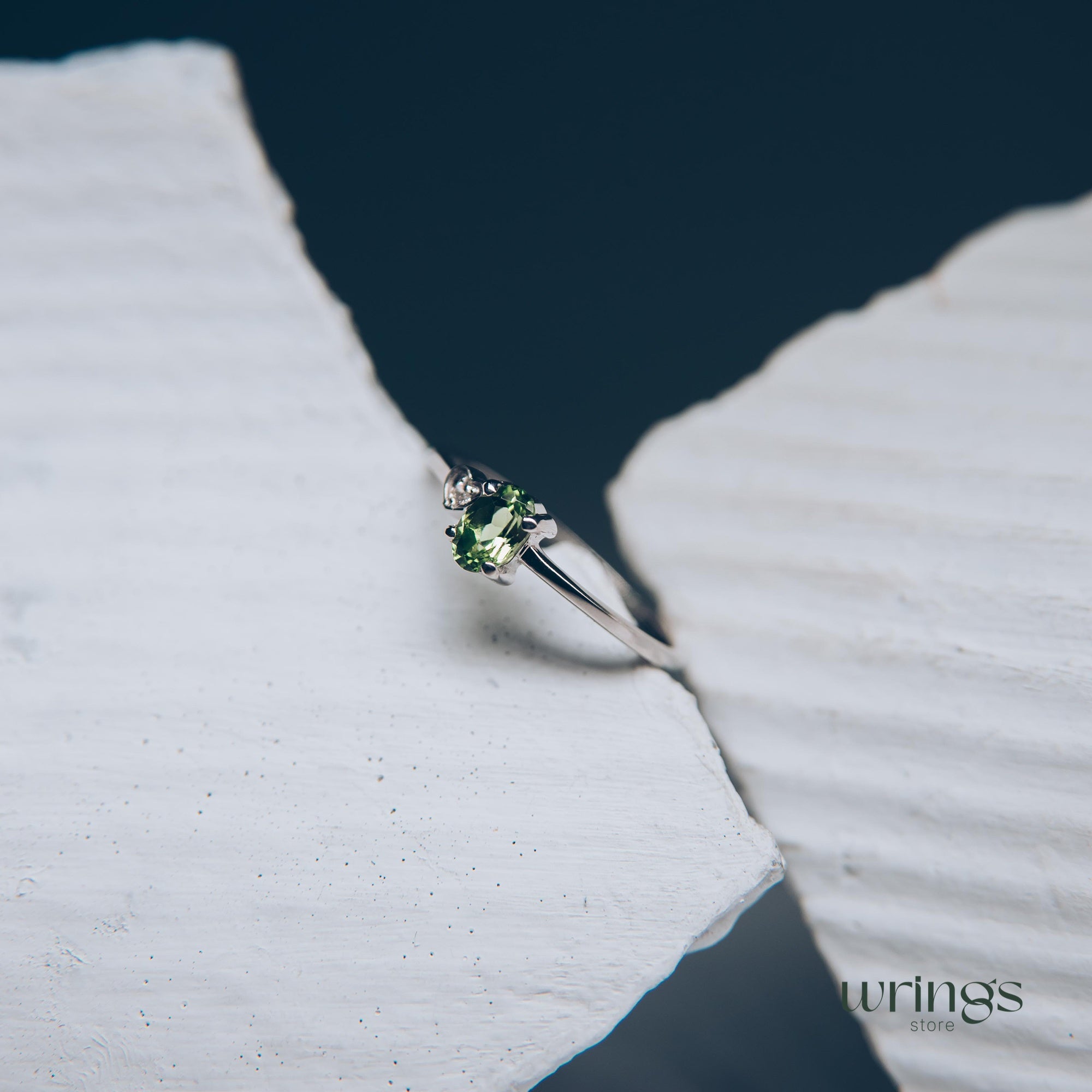 Peridot & CZ Heart Silver Engagement Ring