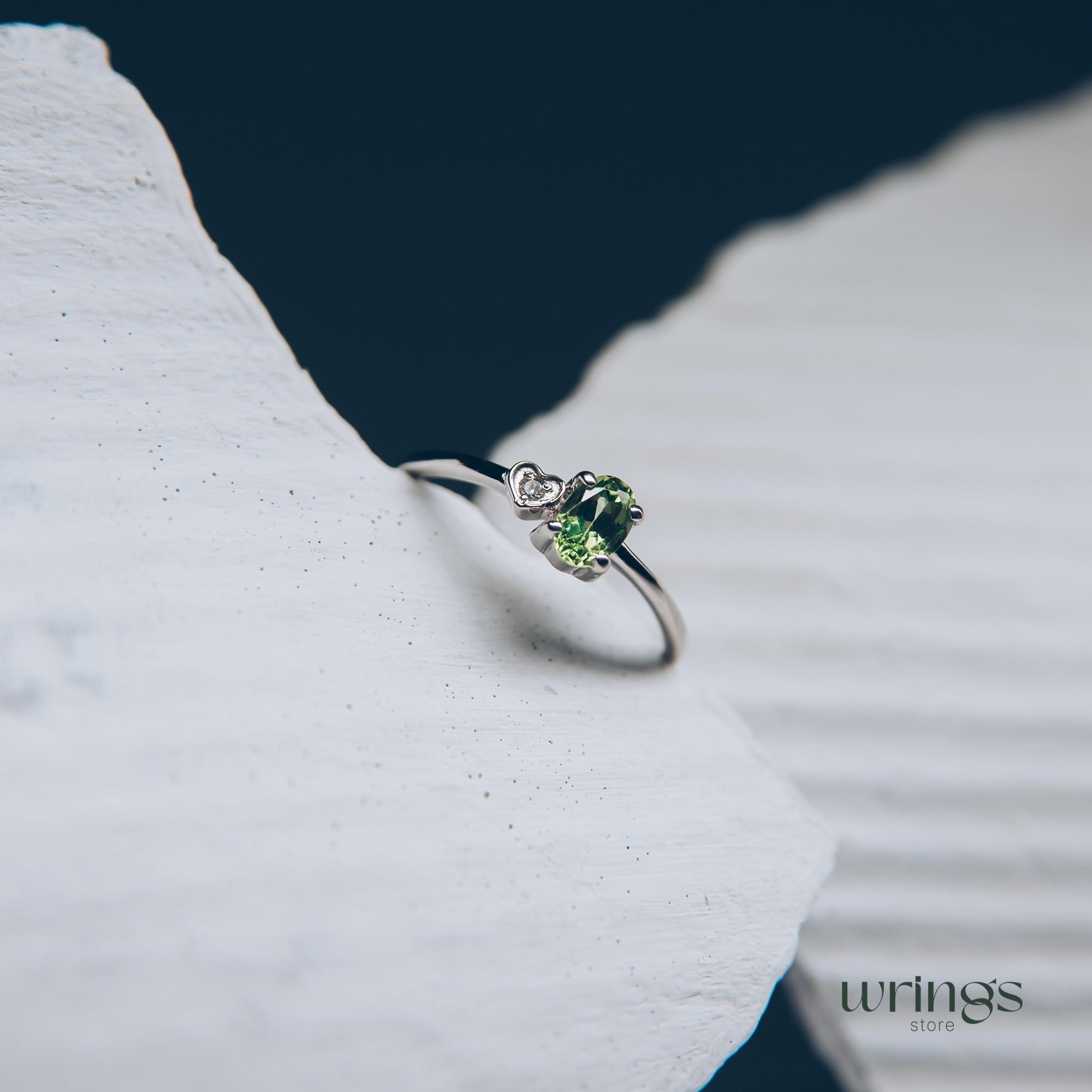 Peridot & CZ Heart Silver Engagement Ring