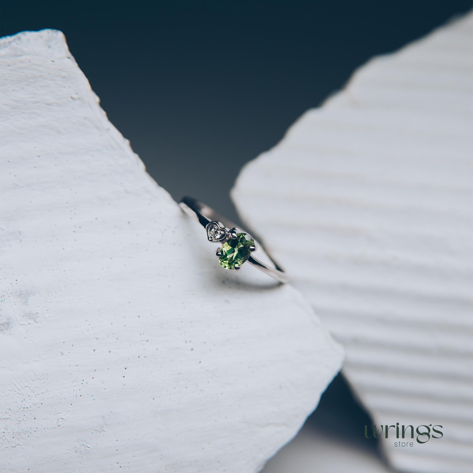 Peridot & CZ Heart Silver Engagement Ring