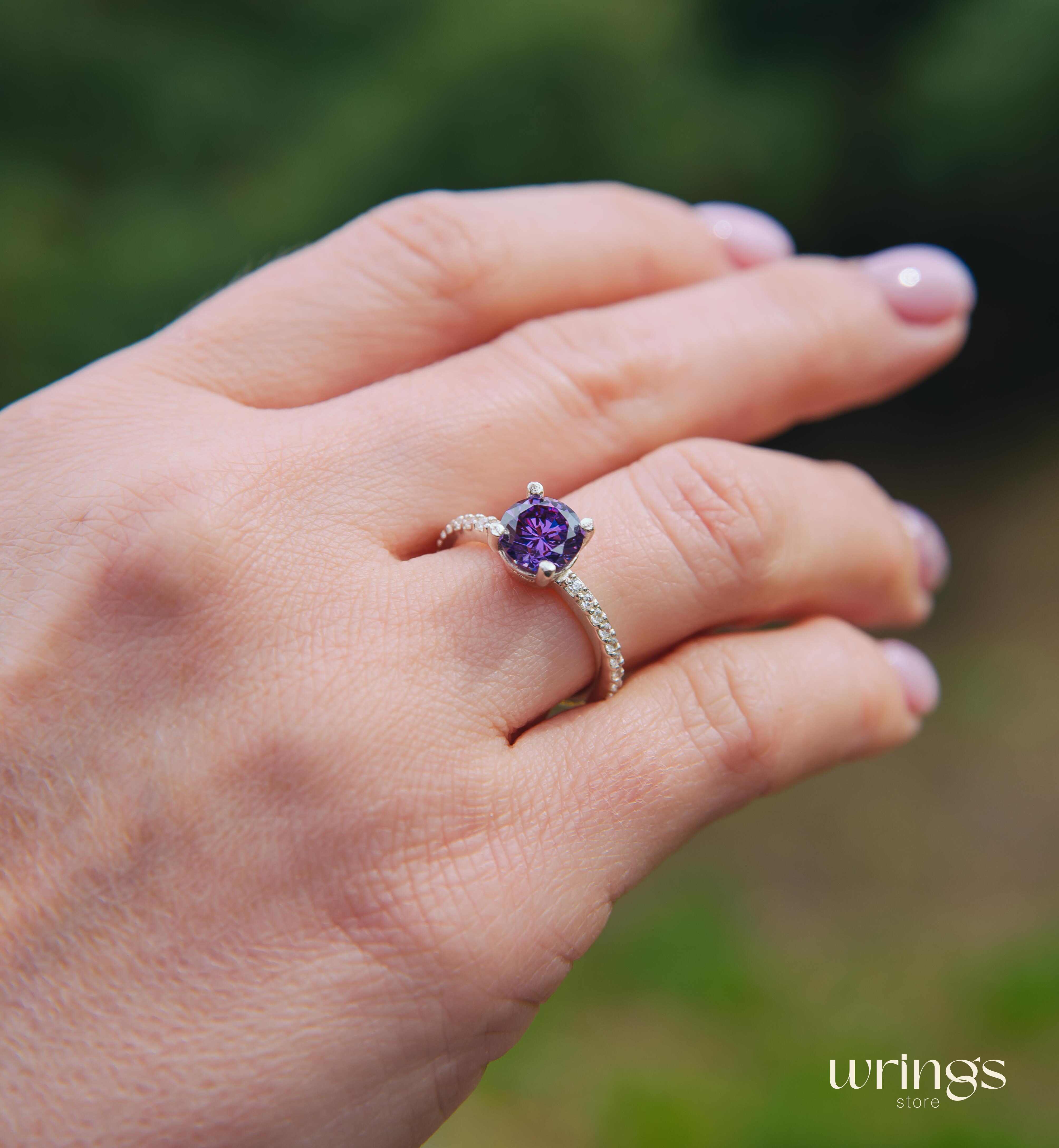 Amethyst Engagement Ring Silver with White Gems on Band