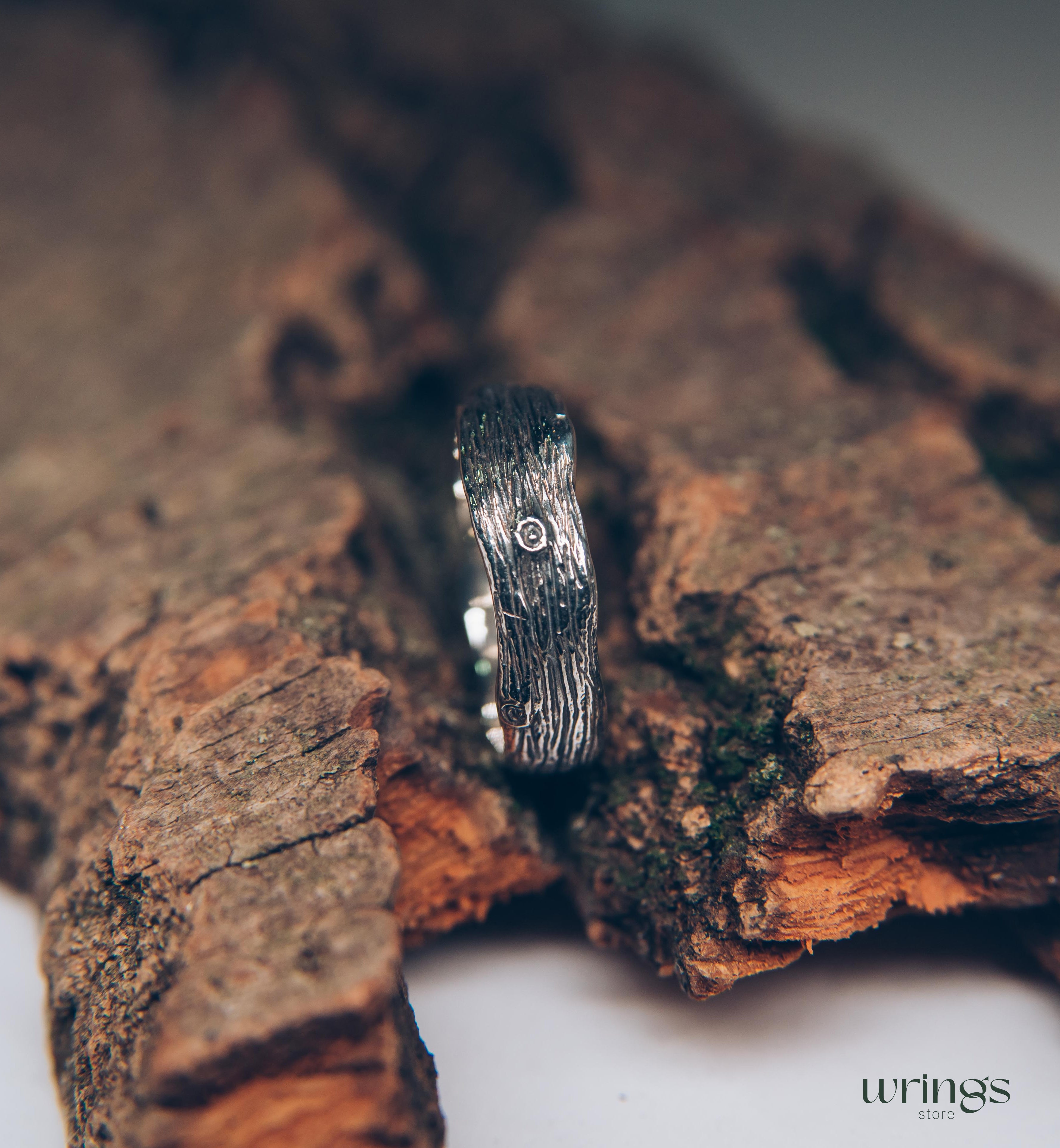Unusual Tree bark and Stumps Silver Wedding Band Unisex