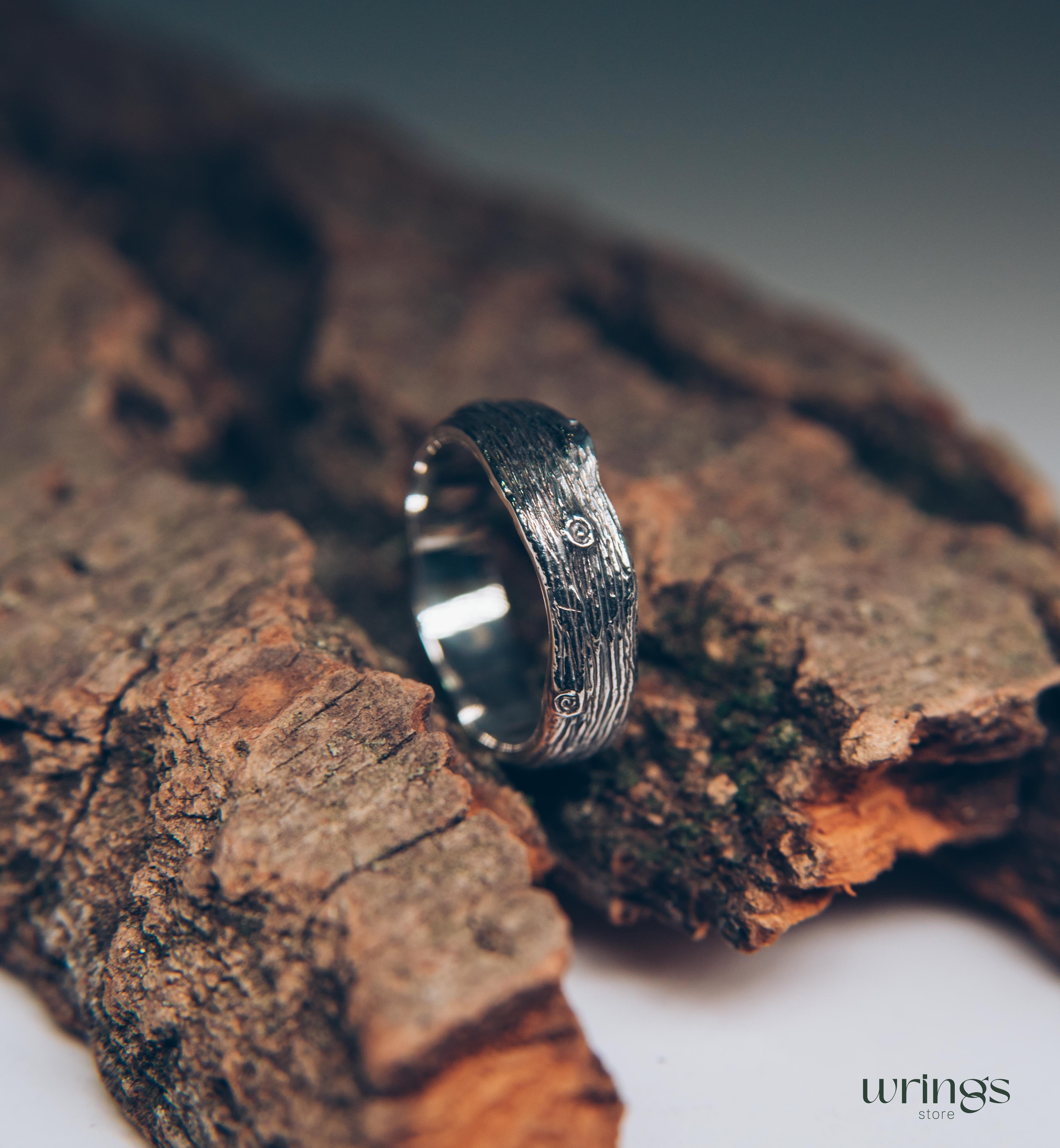 Unusual Tree bark and Stumps Silver Wedding Band Unisex