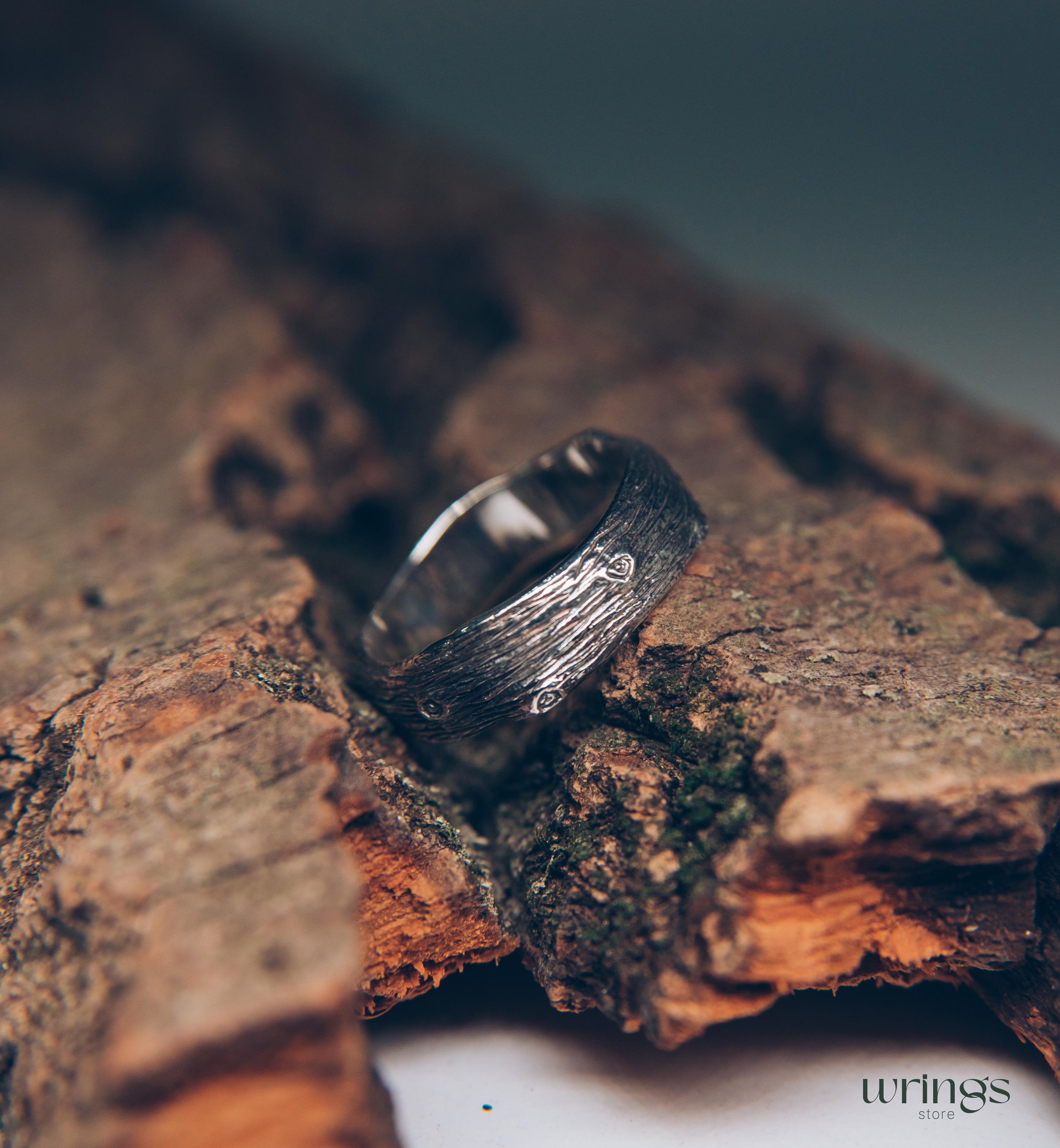 Unusual Tree bark and Stumps Silver Wedding Band Unisex