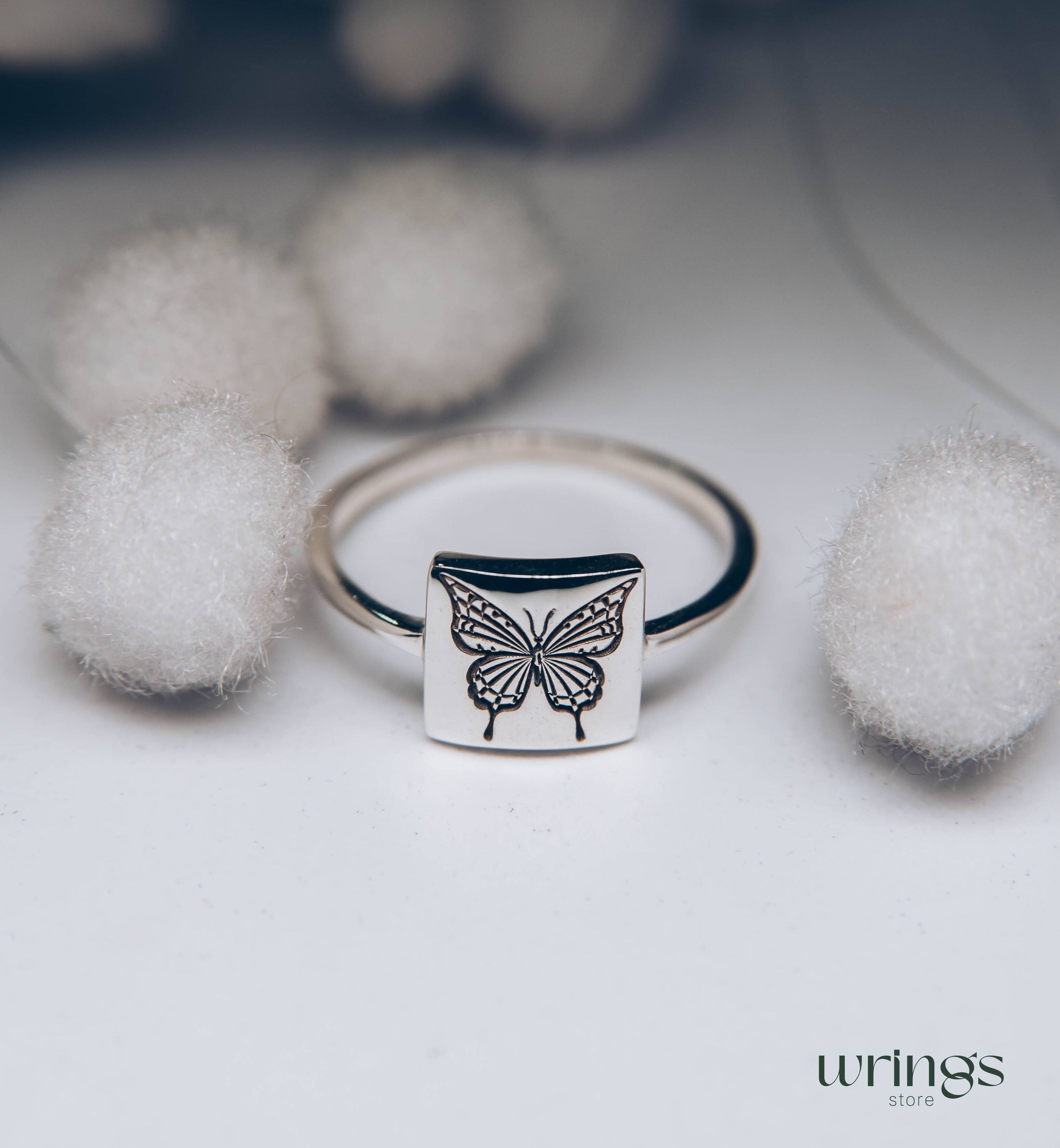 Engraved Monarch Butterfly Silver Square Signet Ring