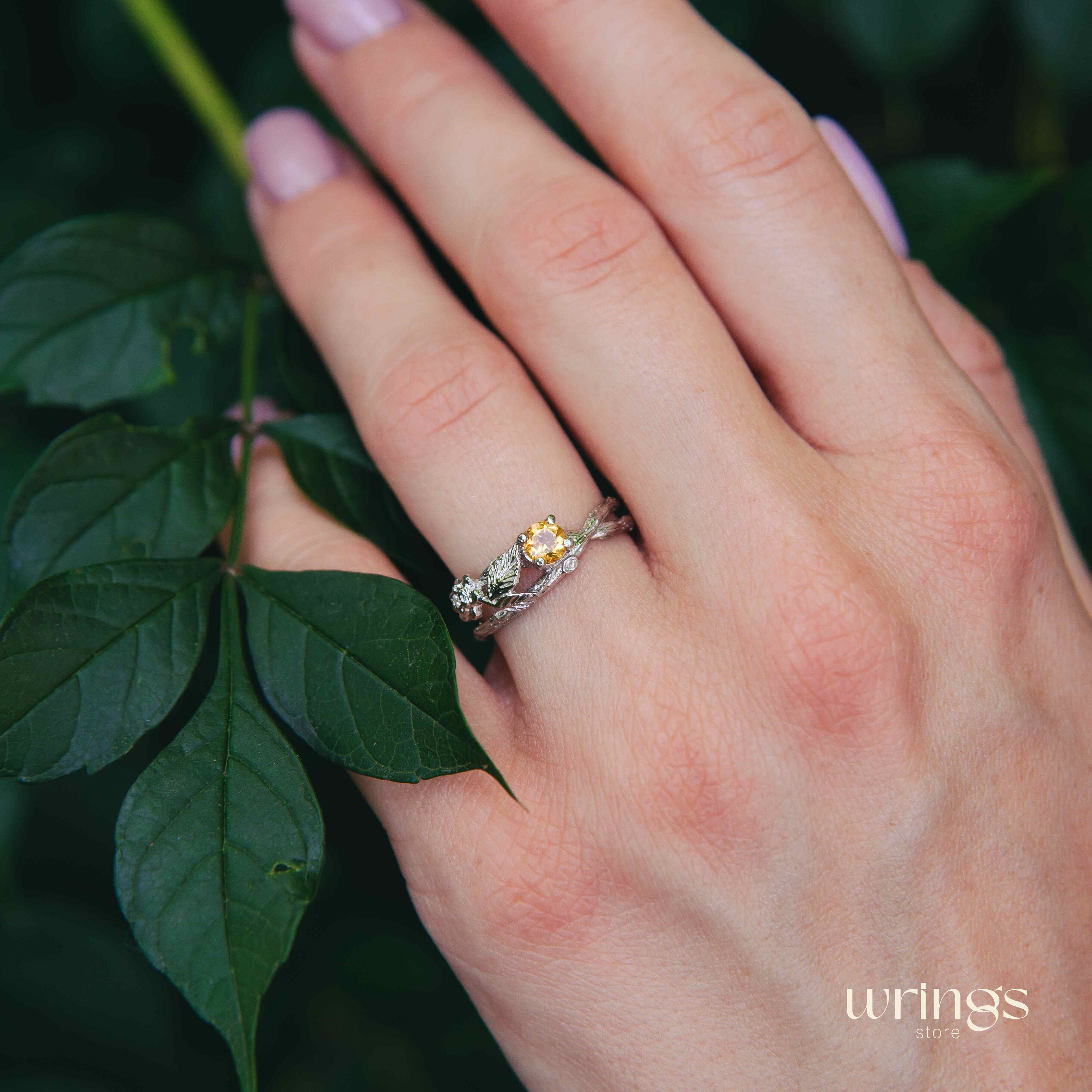 Vivid Citrine & Split Branch Silver Leaf Engagement Ring