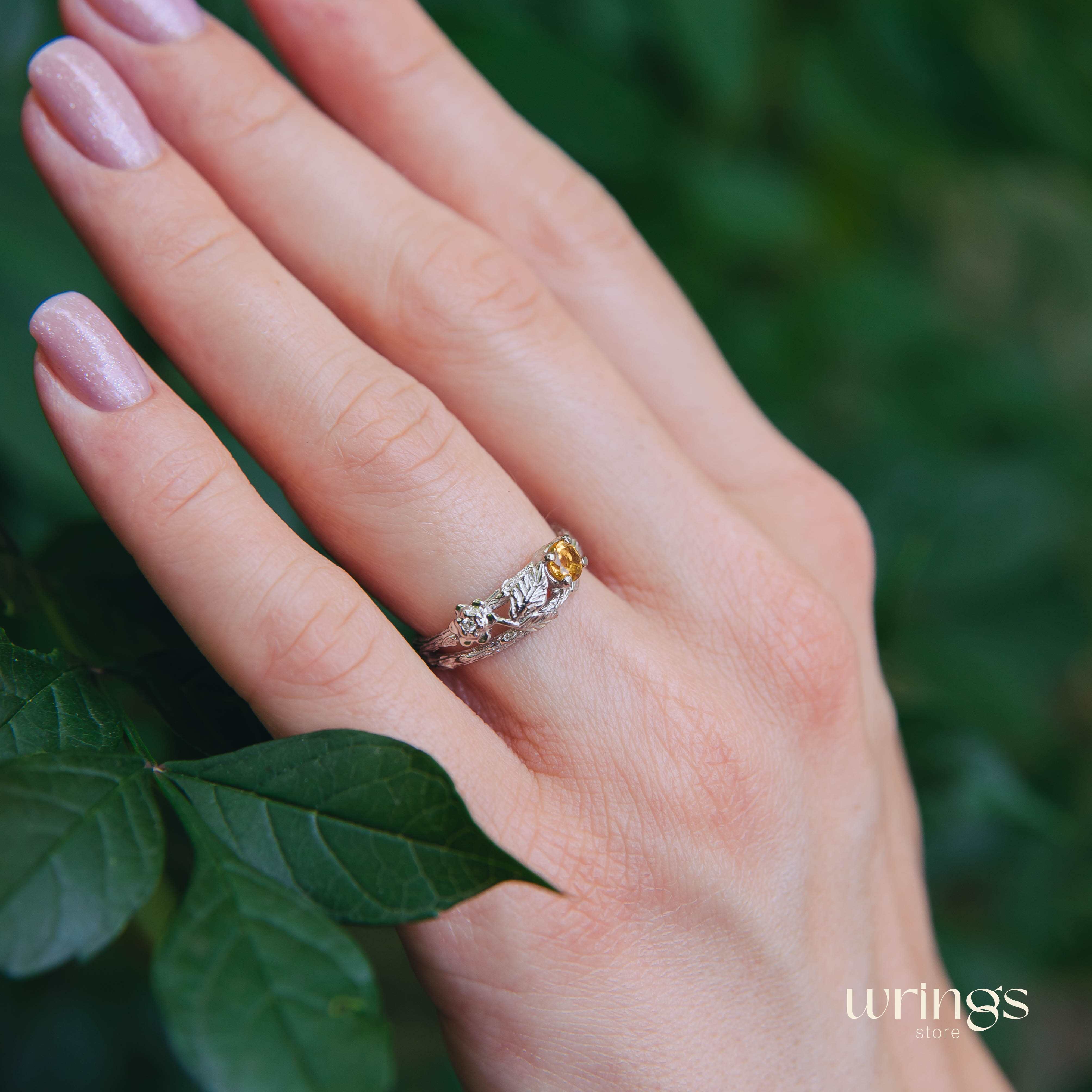 Vivid Citrine & Split Branch Silver Leaf Engagement Ring