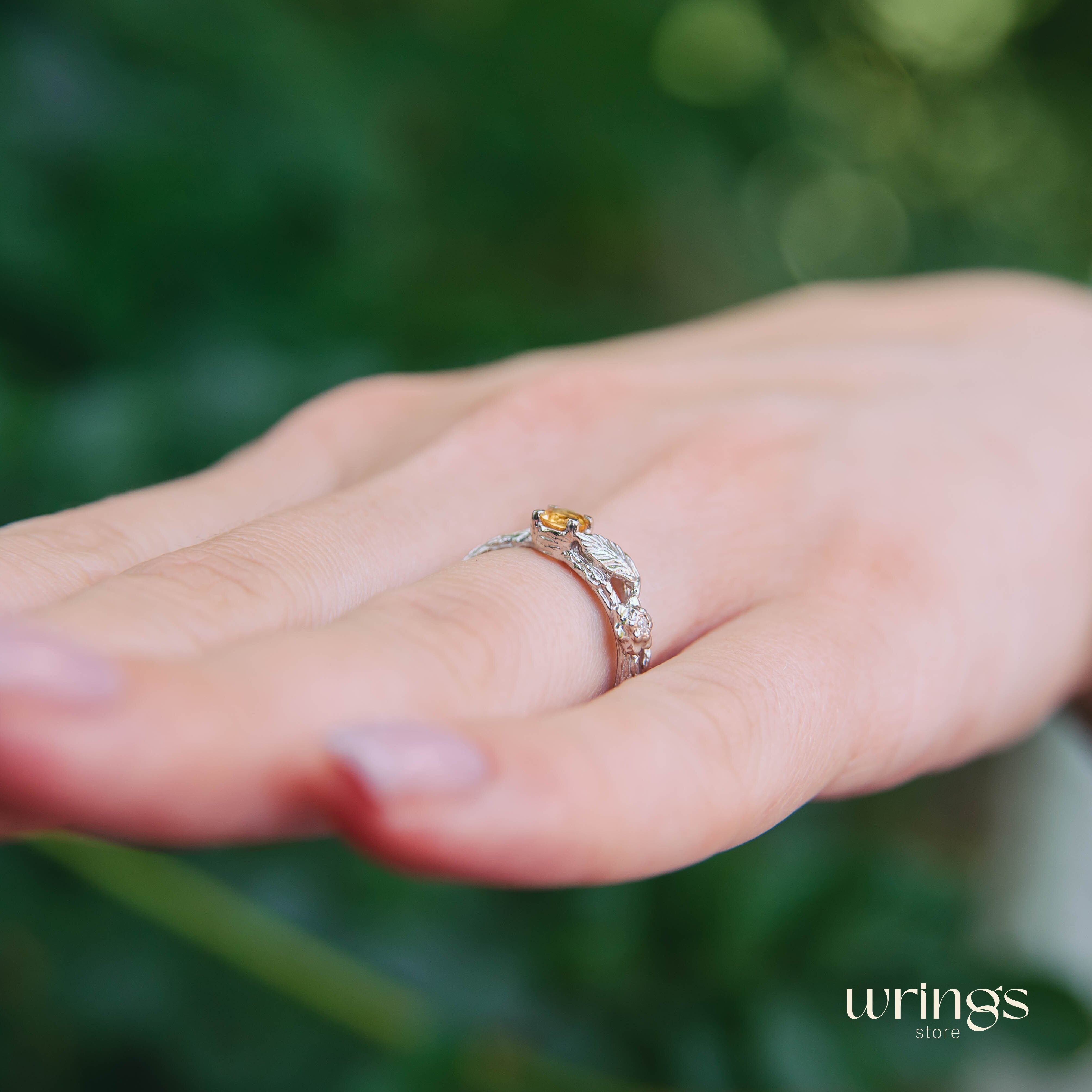 Vivid Citrine & Split Branch Silver Leaf Engagement Ring