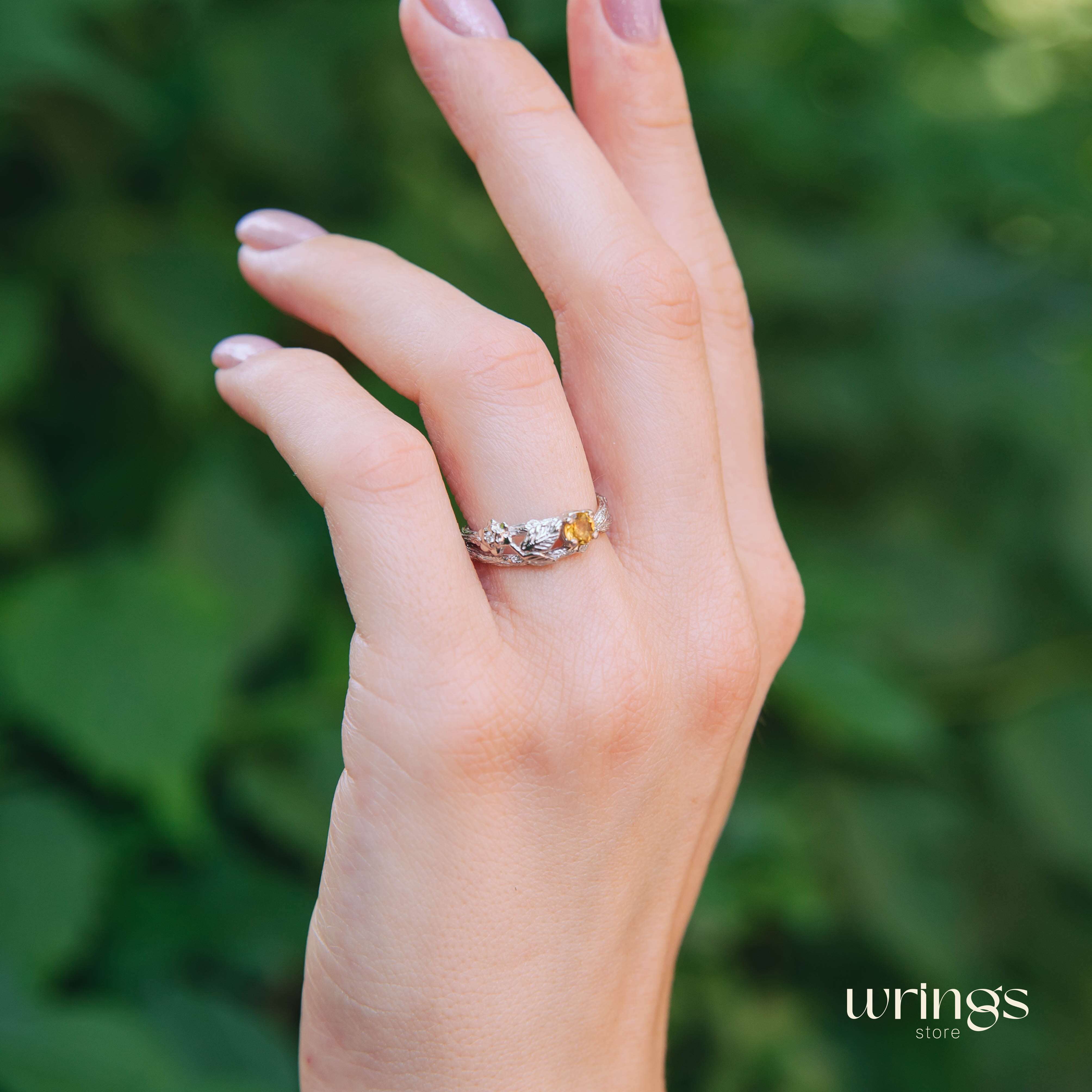 Vivid Citrine & Split Branch Silver Leaf Engagement Ring