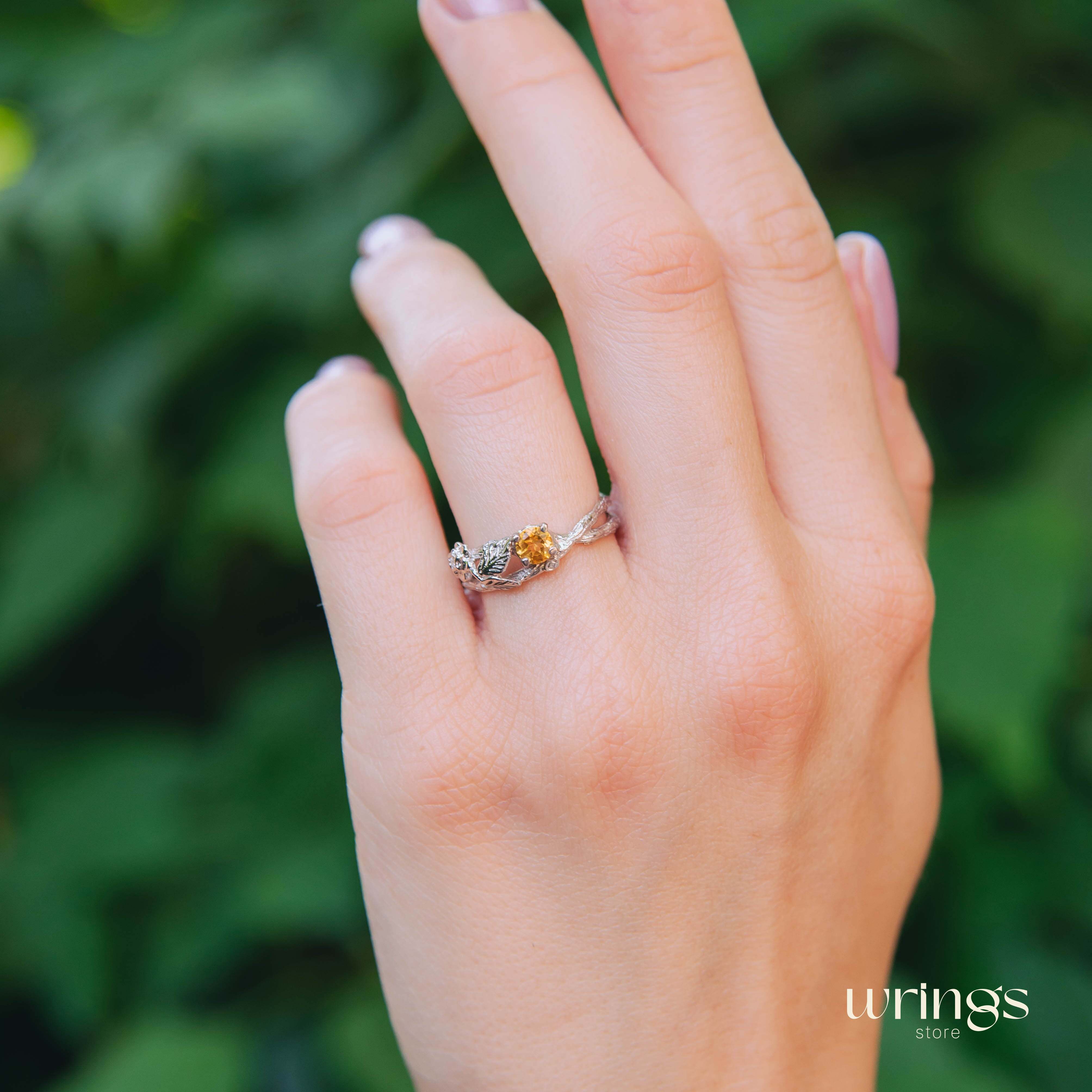 Vivid Citrine & Split Branch Silver Leaf Engagement Ring