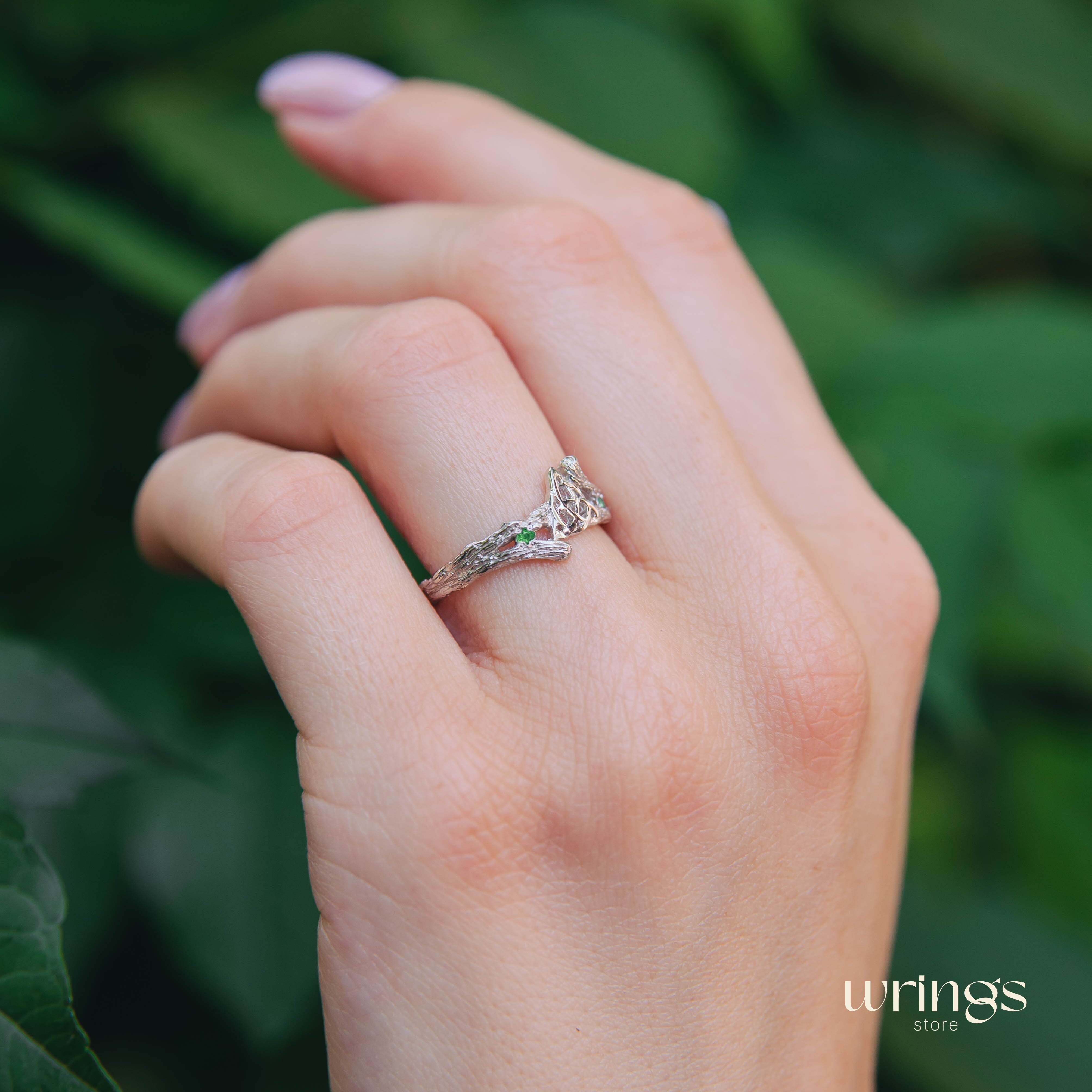 Triquetra & Silver Twig Celtic Engagement Ring with Emerald