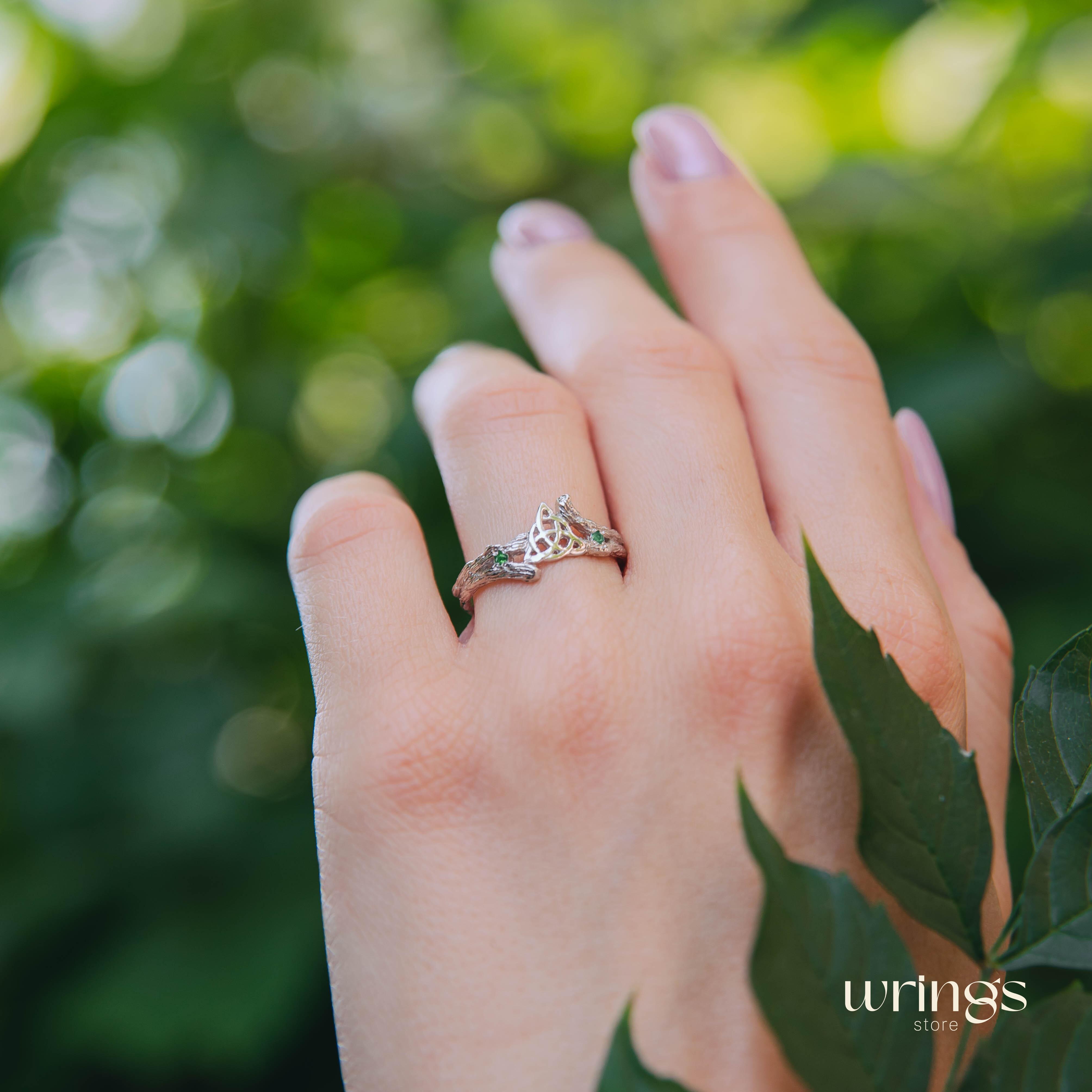 Triquetra & Silver Twig Celtic Engagement Ring with Emerald