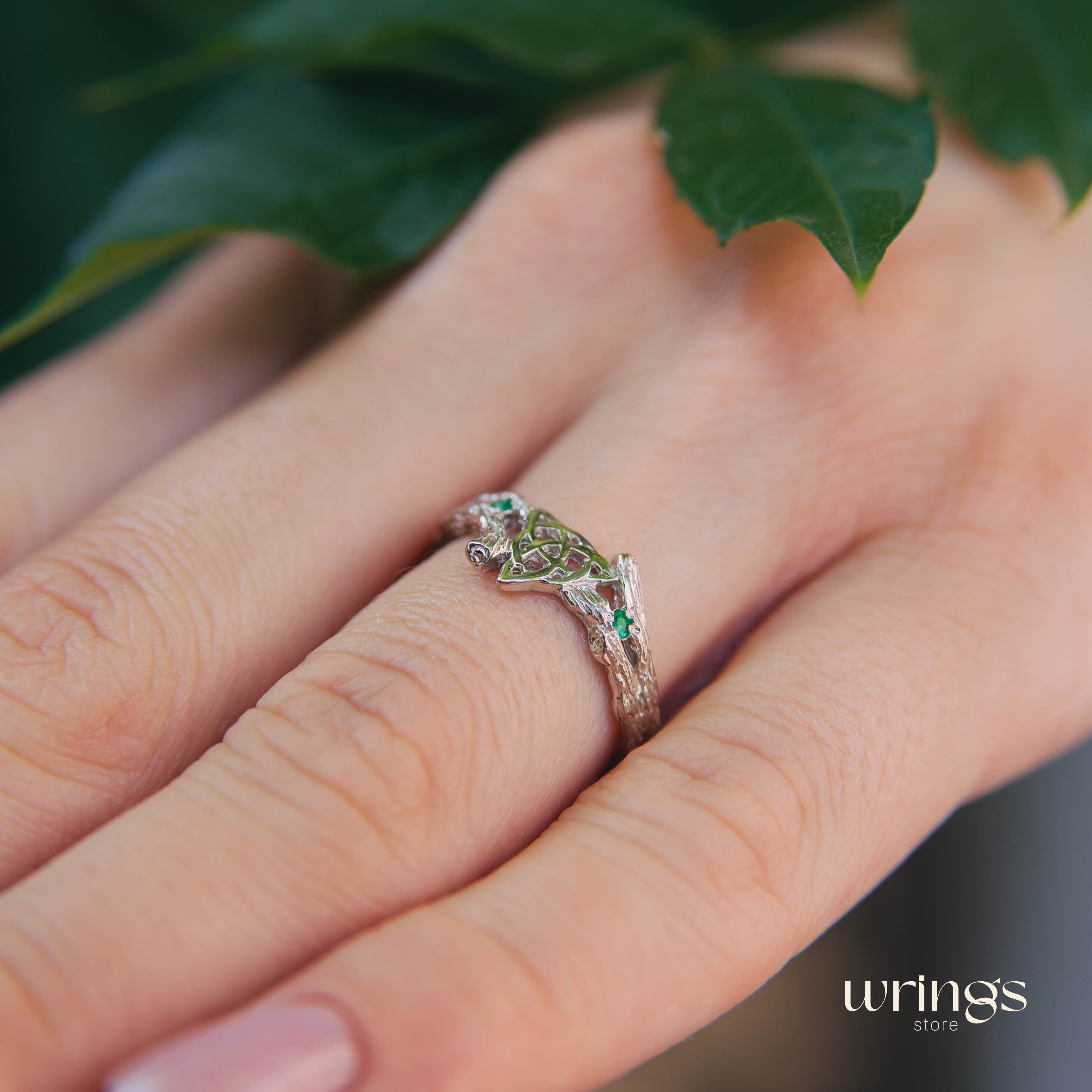 Triquetra & Silver Twig Celtic Engagement Ring with Emerald