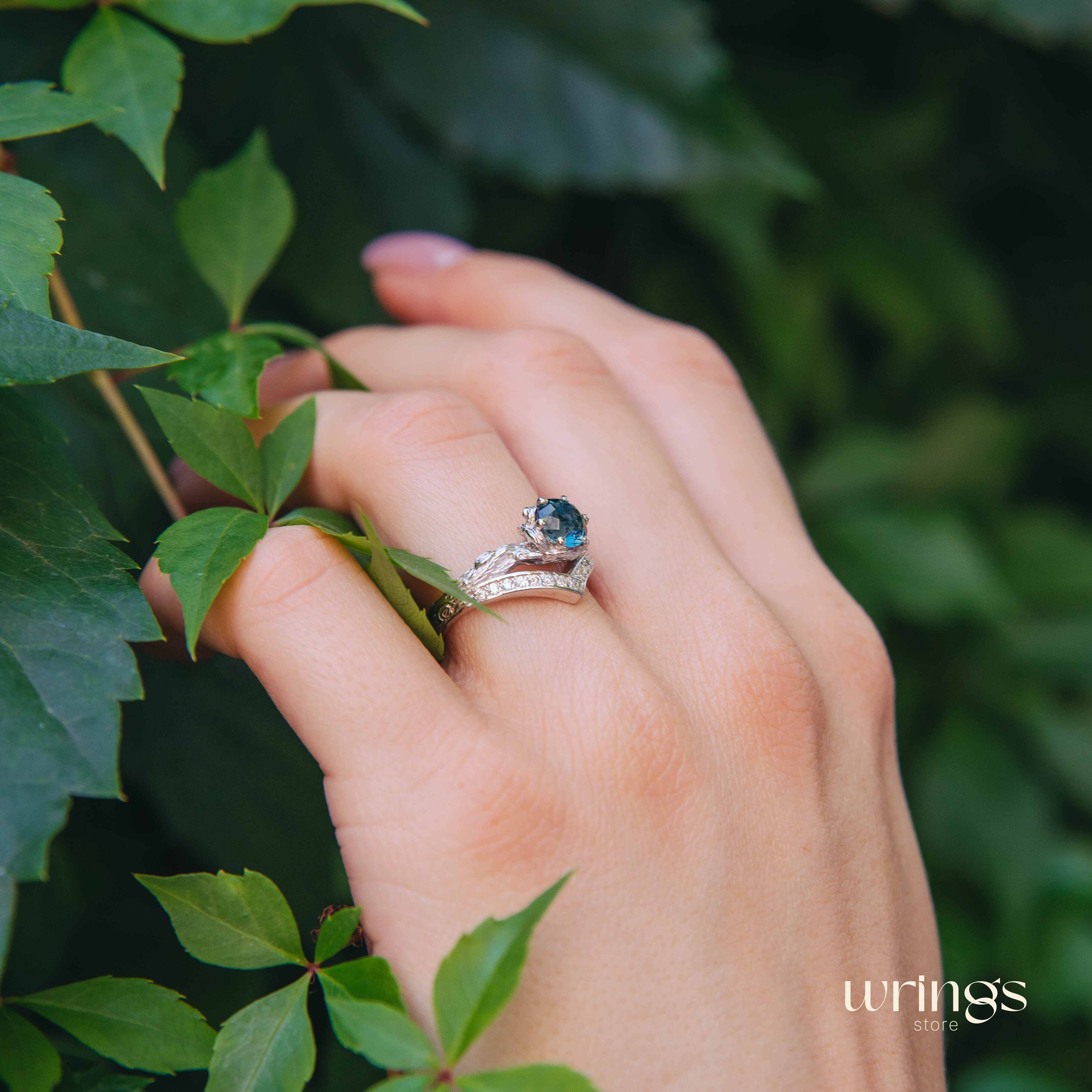 London Blue Topaz on Tree Branch & CZ Chevron Ring