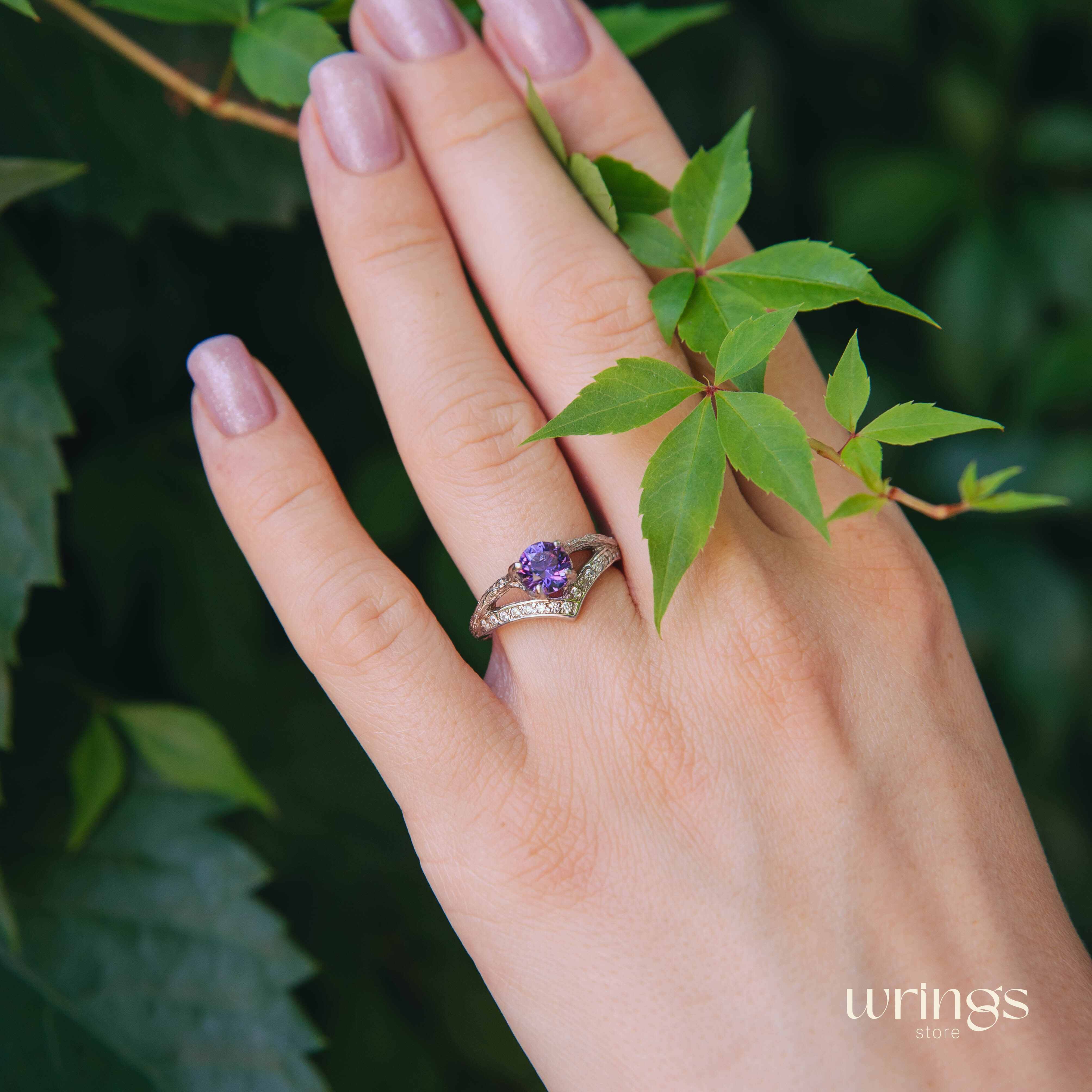 Amethyst & CZ Silver Branch Chevron Engagement Ring