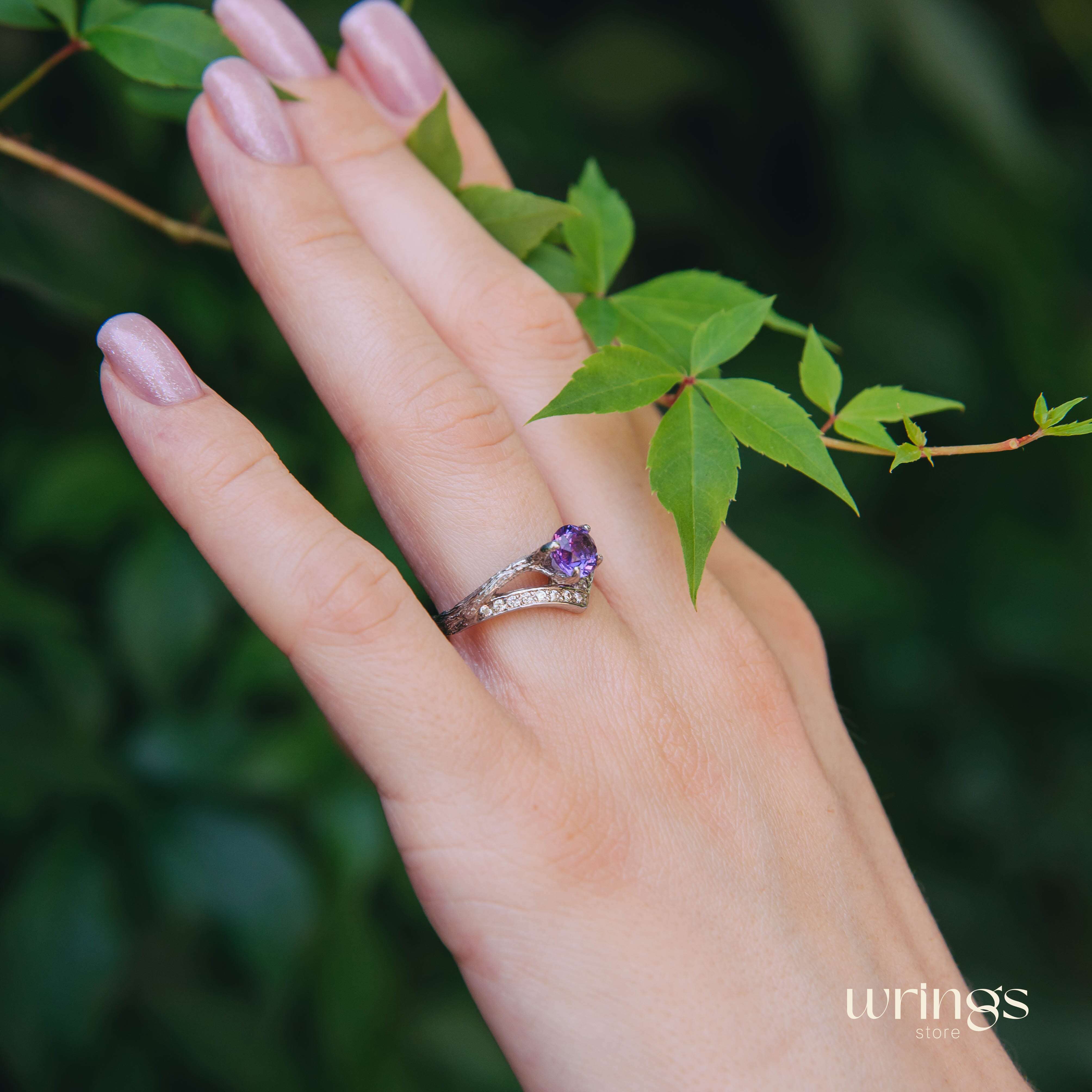 Amethyst & CZ Silver Branch Chevron Engagement Ring